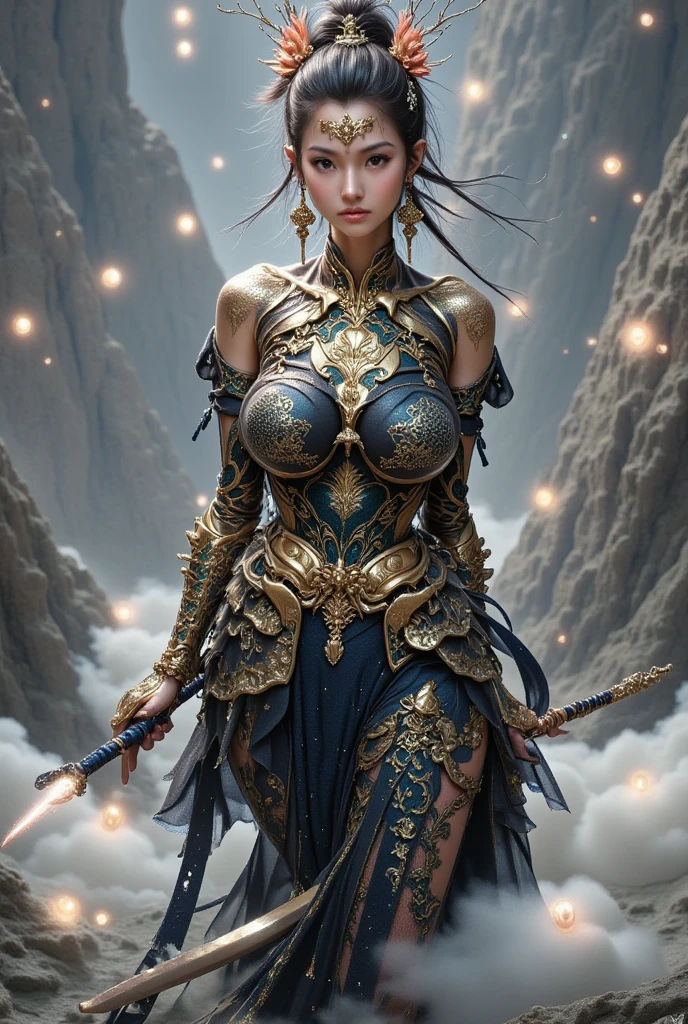 An Arafe woman wearing a dress standing with a sword, inspired by Fenghua Zhong, wallop style, Style Ivan Talavera and Artgerm, wallop and art germ, art germ style, inspired by Vincent Lefevre, Gwaites style artwork, artgerm and wlop, figurative art, Beautiful and expressive paintings, Beautiful artwork illustration, wonderful, cool beauty, highest quality, official art, perfect composition, perfect angle, best shot, female solo, sharp outline, melancholy, nostalgia, romantic, Eyes without pupils, color eye, ideal anima, unforgettable woman, monologue, The present blends with the past