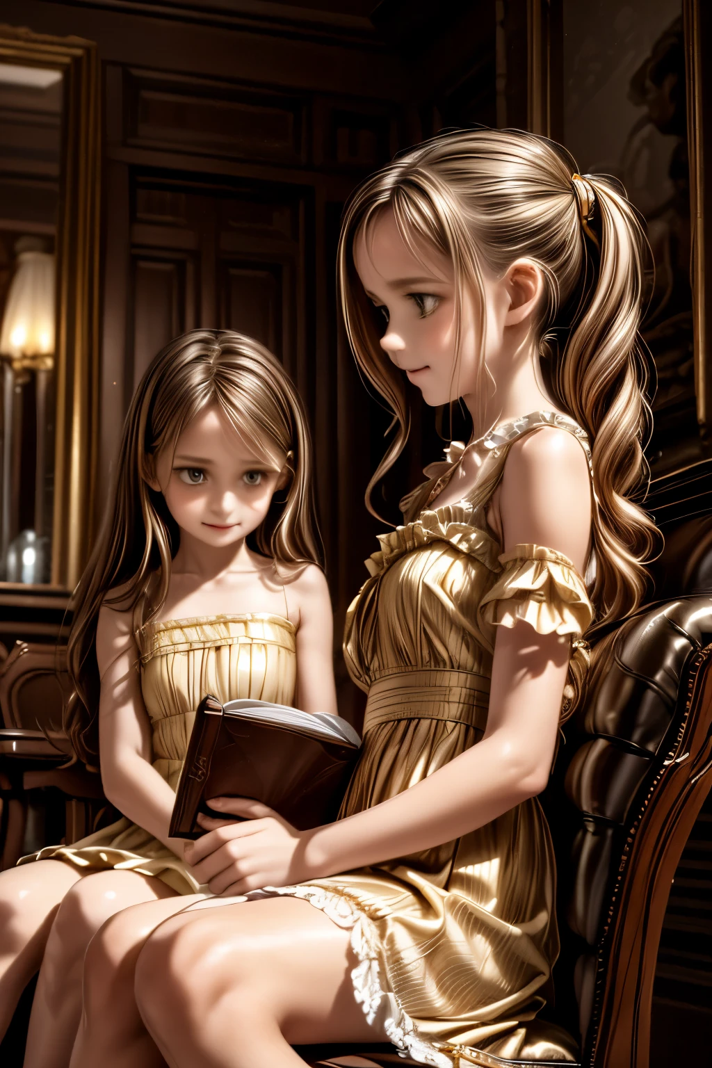 A warm, golden light illuminates a cozy parlour setting in the Victorian era. Three normal young girls, dressed in frilly, high-necked gowns and puffed sleeves, sit together on a plush armchair. The eldest, with curly brown locks, holds a worn leather-bound book, while her companions, sporting matching blonde ringlets, gaze up at her with admiration. The backdrop is a rich, dark wood paneling, adorned with ornate mirrors and intricately carved furniture. Soft, gentle shadows dance across the scene as the girls' laughter and whispers fill the air.