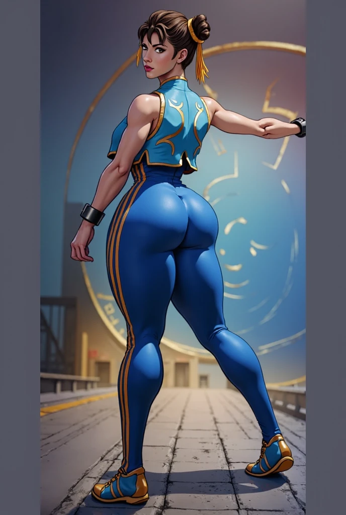 (masterpiece, best quality:1.4), (standing:1.5), 1girl, solo, sfa chun, blue vest, unitard, blue pants, skintight, yellow ribbon, short hair, sneakers, bare shoulders, (european youth  woman:1), looking at viewer, beautifull smile, beautiful face, highly detailed face, highly detailed eyes, subsurface scattering, realistic pupils, full face blush, full lips, detailed background, depth of field, volumetric lighting, sharp focus, absurdres, realistic proportions, (realistic, hyperrealistic:1.4), 16k hdr, from behind, thicc booty, leaning forward, bent over, hands touching floor, touching ground, stretching, sport, lewd