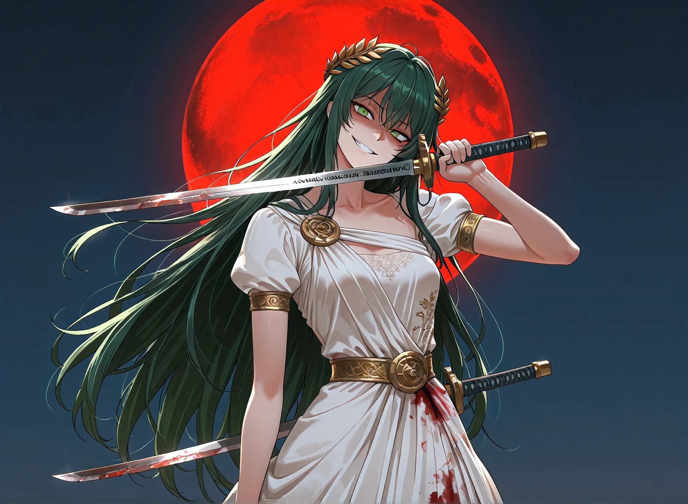 (upper body shot, close up shot, solo:1.2),magic circle,magic array, detailxl, Anime illustration, detailed anime artstyle, cinematic, volumetric lighting, clear sky, moonlight, cold light, colorful, light reflection, (head tilt, looking over her shoulder, teasing, death glare, death stare, flirty, romantic, princess clothes, french, royalty, sultry, (standing, dynamic pose:1.1):1.5), (glaring at viewer, side eye side profile, from the side, looking up, head tilted upwards:1.2), fotoshoot, model, (1girl:1.18), mature, chaos warrior, adolescent, detailed skin, extremely detailed eyes, dynamic pose, dual wielding \(cross\), aura swords, green hair, very long hair, messy hair, hair flowing in the wind, green eyes, golden eyes, long hair, crazy smile, yandere, gesugao, tsurime, white royal dress, greek dress, black and gold trimming, black and gold lining, laurel crown, french dress, blood stained clothes, bloody sun, red sun, warrioress, goddess, god of war, bringer of destruction, small breasts, array of swords, dual wielding, wielding swords