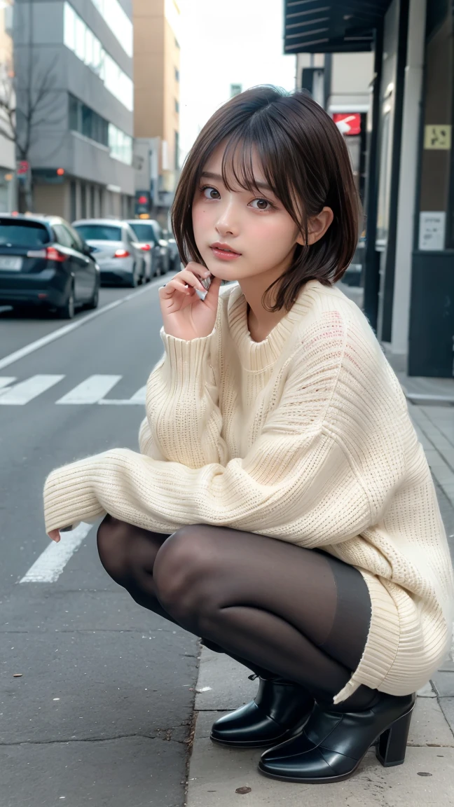 Photo taken by a professional photographer,Close-up of a woman squatting on the sidewalk with her legs crossed, kiko mizuhara, wearing a sweater, Shirahime cut brown hair, wearing a sweater, young and cute girl, japanese model, 白いwearing a sweater, Chiho, ランダムカラーのカジュアルなwearing a sweater,Cute ide waves with short hair, a cute young woman, cute young woman, black pantyhose,black tights,black high heels,