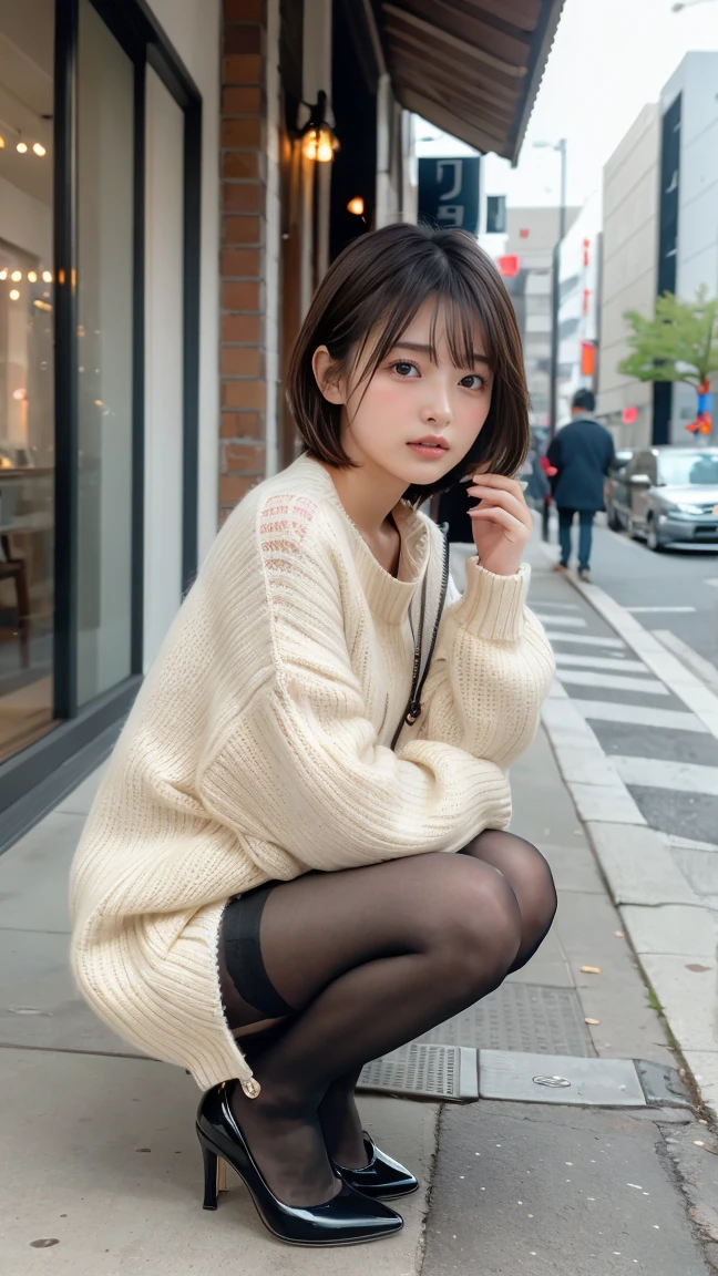 Photo taken by a professional photographer,Close-up of a woman squatting on the sidewalk with her legs crossed, kiko mizuhara, wearing a sweater, Shirahime cut brown hair, wearing a sweater, young and cute girl, japanese model, 白いwearing a sweater, Chiho, ランダムカラーのカジュアルなwearing a sweater,Cute ide waves with short hair, a cute young woman, cute young woman, black pantyhose,black tights,black high heels,
