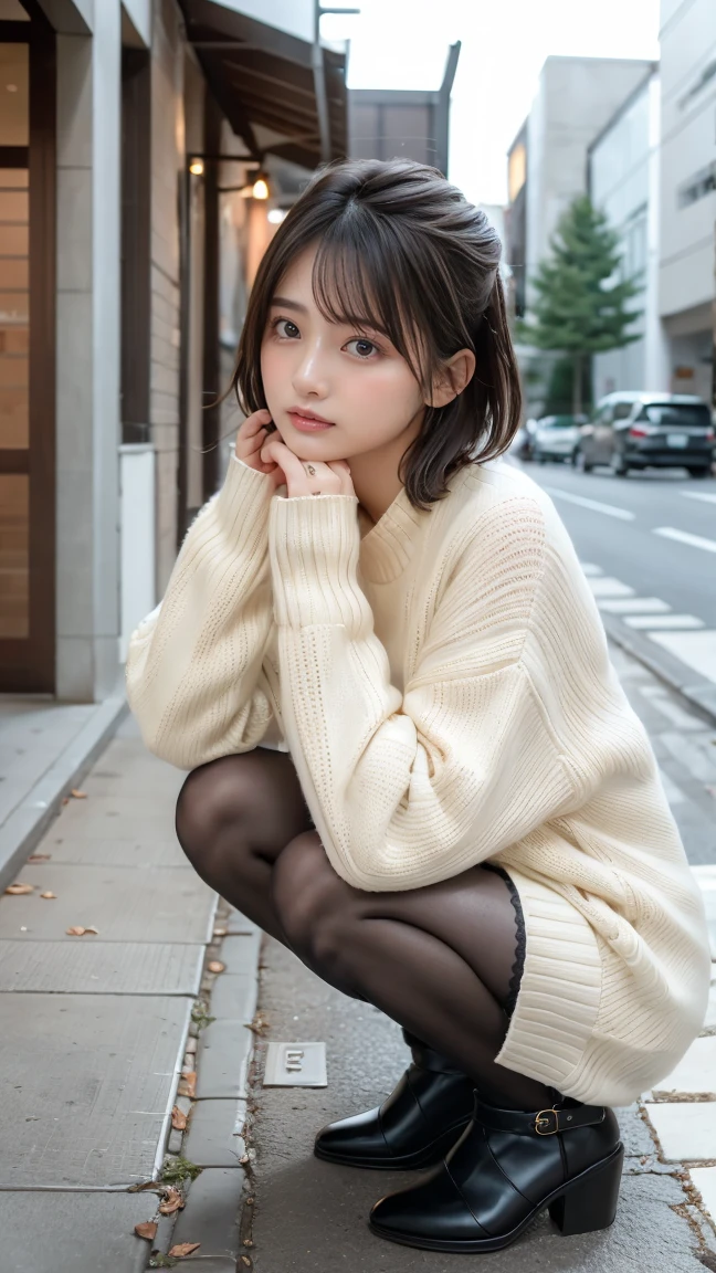 Photo taken by a professional photographer,Close-up of a woman squatting on the sidewalk with her legs crossed, kiko mizuhara, wearing a sweater, Shirahime cut brown hair, wearing a sweater, young and cute girl, japanese model, 白いwearing a sweater, Chiho, ランダムカラーのカジュアルなwearing a sweater,Cute ide waves with short hair, a cute young woman, cute young woman, black pantyhose,black tights,black high heels,