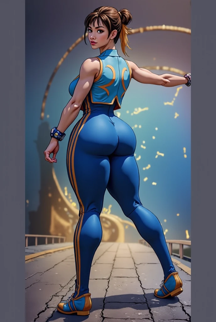 (masterpiece, best quality, high resolution), emmnorts as chun-li, chunlims, full body, full body view, hair bun, double bun, eyeshadow, makeup, chinese clothes, pelvic curtain, solo, dress, bracelet, ribbon, pants, blue pants, makeup, short sleeves, wide hips, thick thighs, thigh gap, big breasts, hard nipples, perky tits, bare legs, bare feet, beautiful legs, beautiful feet