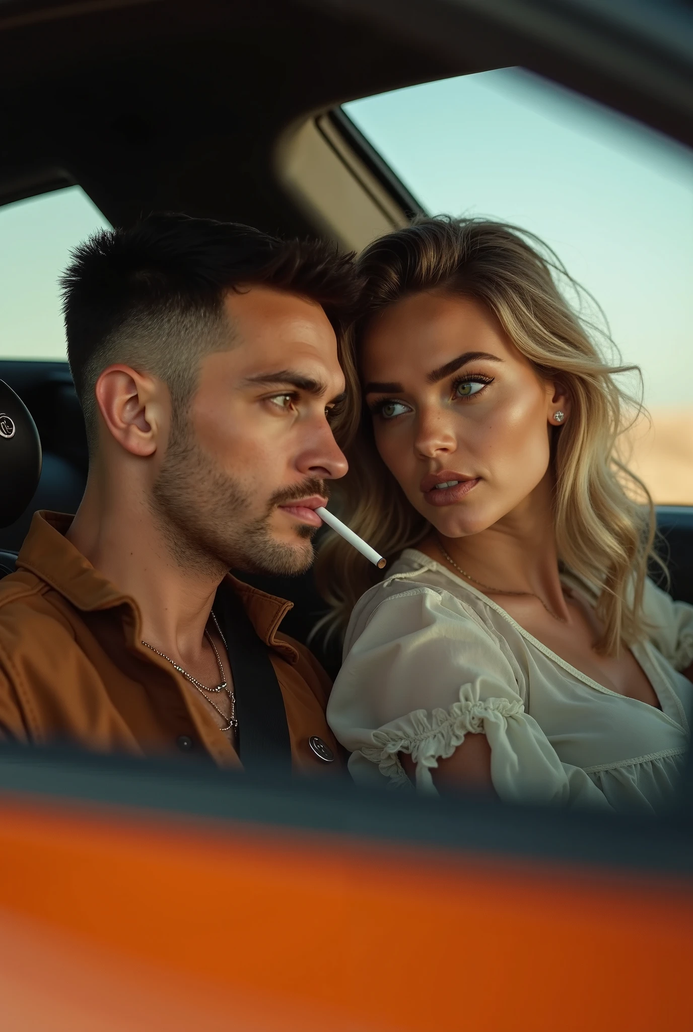 A couple inside the car, the woman in the red dress and very short white hair, violet eyes and light brown skin, The beardless man is wearing a half-open black dress shirt. He has strong arms that are on the steering wheel, white skin and dark hair. He has a dragon tattoo on his neck. 