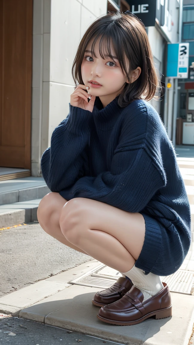 ((Short dark blue socks)) put your hands on your knees ((brown loafers)blonde、((I can see her wet white panties))(Crouching panty shots)double eyelid eyelash beautiful and fine eyes、super detailed、High resolution、Superb beauty highest quality、masterpiece、、(Japanese girls' high school uniform))、very detailed expression school classroom highly detailed look 21 year old girl、positive、((dynamic pose)))、(Sit straight with your knees bent))、pleated skirt、Ribbon 1,2. Sexy Smile Extremely low angle、Water comes out from the crotch