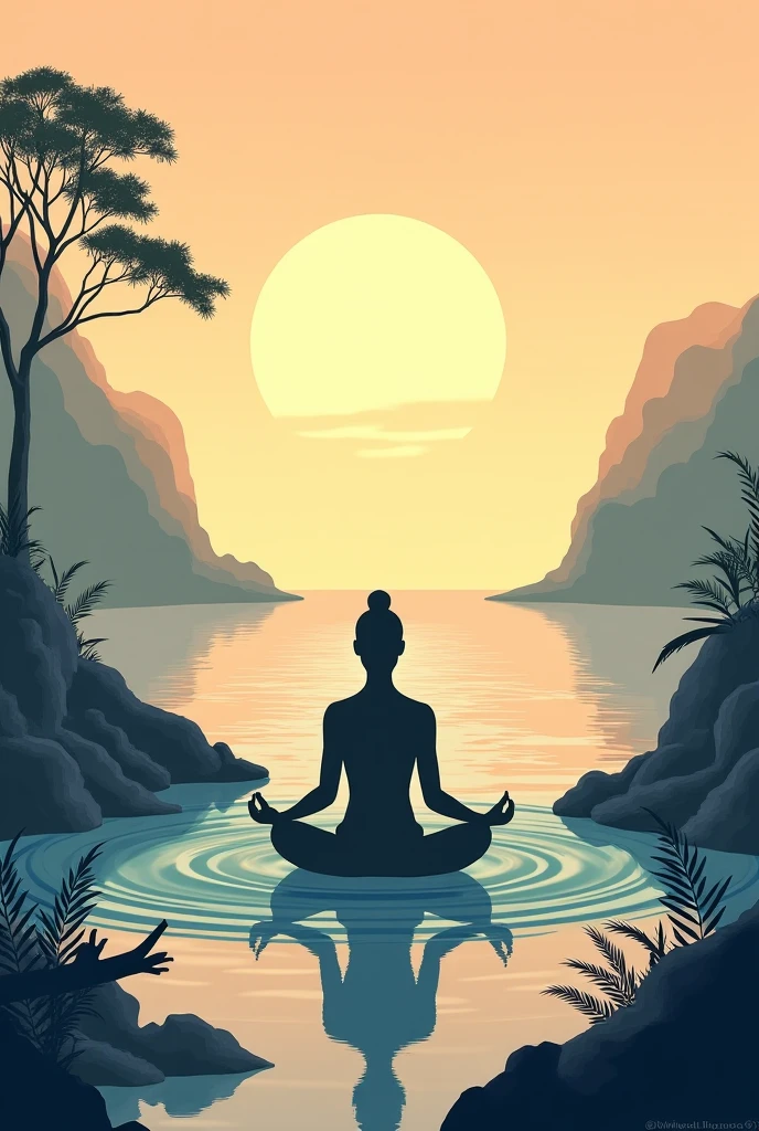 Create an image 1920 x 1080, featuring a silhouette of a person meditating in a lotus position. The background should be a vibrant and mystical landscape with an oversized, glowing sun setting or rising behind the figure. The sky should be filled with radiant colors, possibly in shades of purple, blue, and pink, suggesting a serene yet energetic atmosphere. Include elements such as floating orbs or lights to add to the magical feel of the scene. Reflective water in the foreground should mirror the figure and some of the light elements, enhancing the sense of tranquility and depth.