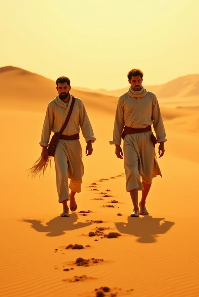 a beautiful model cyberpunk criminal young man, strong muscular man, dark hair, grey eyes, tattooed, short beard, standing on a dune in Sahara desert, bare chest, Arabic turban, white linen trousers, desert oasis, looking away from camera, peacock