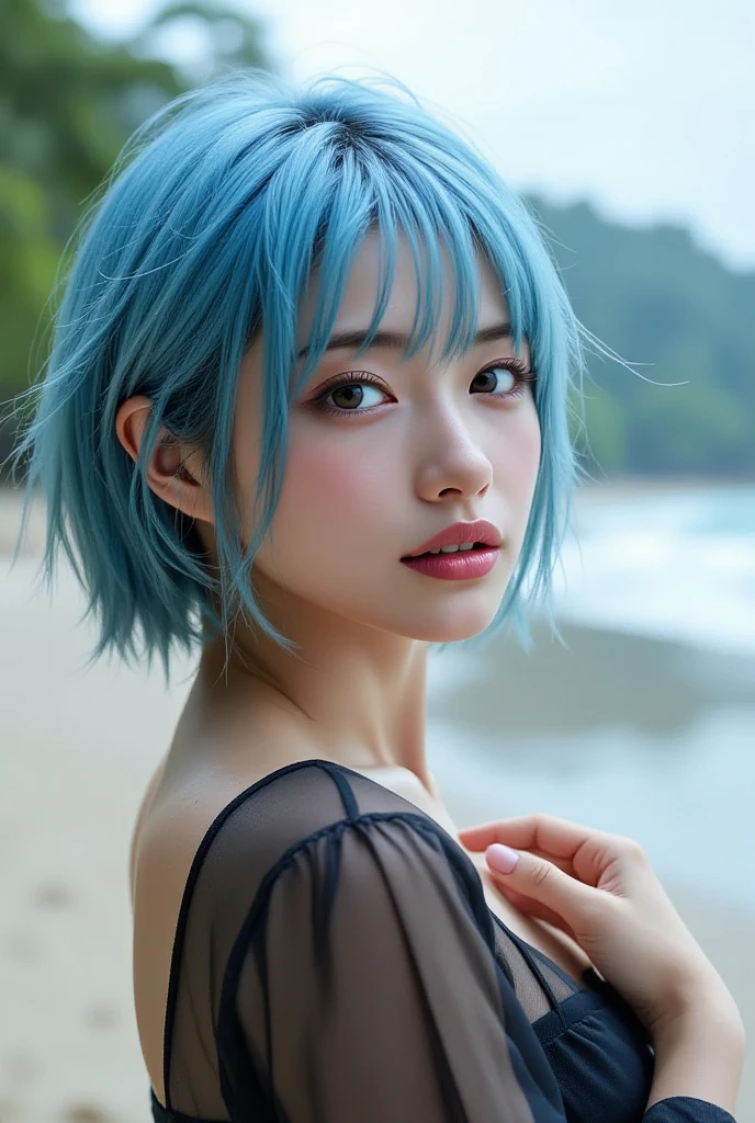 (blue hair:1.4), short hair, realistic green eyes, cobalt hair, long bob hair, tousled hair, shoulder length hair, Full body, woman with white skin and Asian features, 24 year old, big breast. She has a small, elegant nose with a slight upward curve at the tip. Her lips are full and naturally pink, with a well-defined Cupid's bow. Her teeth are straight and white, enhancing her captivating smile. Her face has an oval shape with high cheekbones that add to her model-like appearance. (crack), detailed (texture!, shine, color!!, flaws: 1.1), highly detailed glowing eyes, (looking at camera), specular light, dslr, extreme quality, crystal clear, cute face, detailed skin pores, oil Dark skin, brown, complex eye details, she is far from the camera, A full-body portrait, captured from a distance. Dynamic Frame, (masterpiece), (very complicated:1.3), (realistic), girl portrait, lying on her back floating on the surface of the water, (dynamic perspective), the most beautiful in the world, (swimming wetsuit), sateen reflection, outdoor, intense sunlight, distant factory group, Stunning female professional photo details, sharp focus, dramatic, Award history, cinematic lighting, Octane Rendering Unreal Engine, volumetrics dtx, at sea, (film grain, blurred background, blurred foreground, Bokeh, Depth of the bounds written, sunset, motion blur:1.3)
, (short hair:1.3)