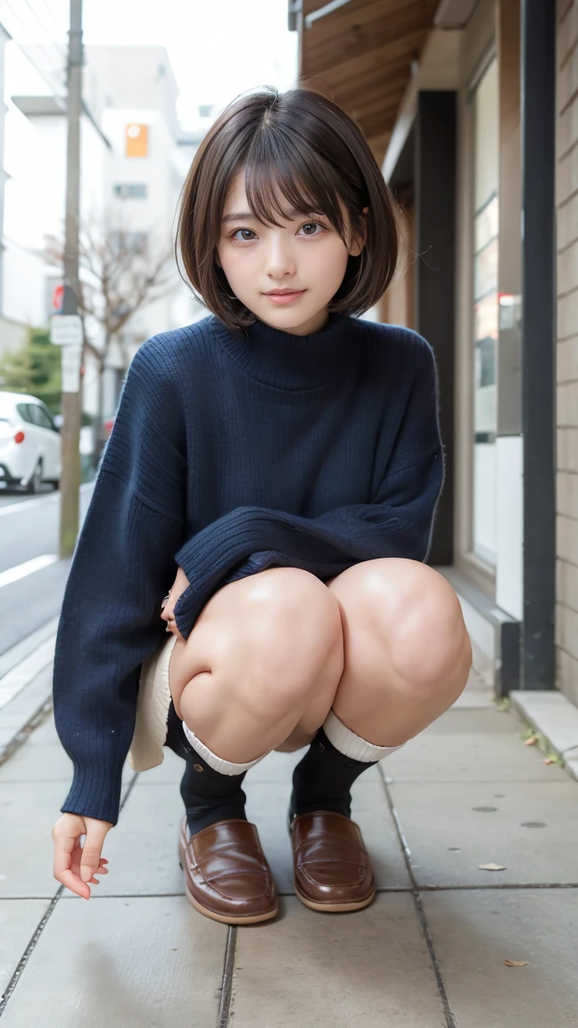 (Walking along Tokyo Street、Standing on a street corner)、(Black tight turtleneck dress:1.4、Tight mini dress:1.3、Bodycon、(Black Stockings:1.2、Wearing pantyhose that reach above the knees)、(the visible part of someone's thighs between their skirt or shorts and their knee-high socks:1.34、Absolute area))、(Realistic、Like a photograph、Live Action、8K, Photorealistic, RAW Photos, Best image quality: 1.4), Single-lens reflex camera、RAW Photos, Highest quality, Realistic, Highly detailed CG Unity 8K wallpaper, Written boundary depth, Cinematic Light, Lens flare, Ray Tracing, Realistic background、((Ultra-dense skin))、 1 female,Cute busty Japanese woman、(Japanese office lady walking down Tokyo street at night）、((whole body:1.5)，Look away:1.1、Short Bob Style:1.2、I like that style、Stylish、Very detailed、Pay attention to the details、The perfect outfit、(White skin)、Beautiful legs:1.1，View from below、Accurate hands、Accurate legs、Detailed hand and fingers、Anatomically correct body