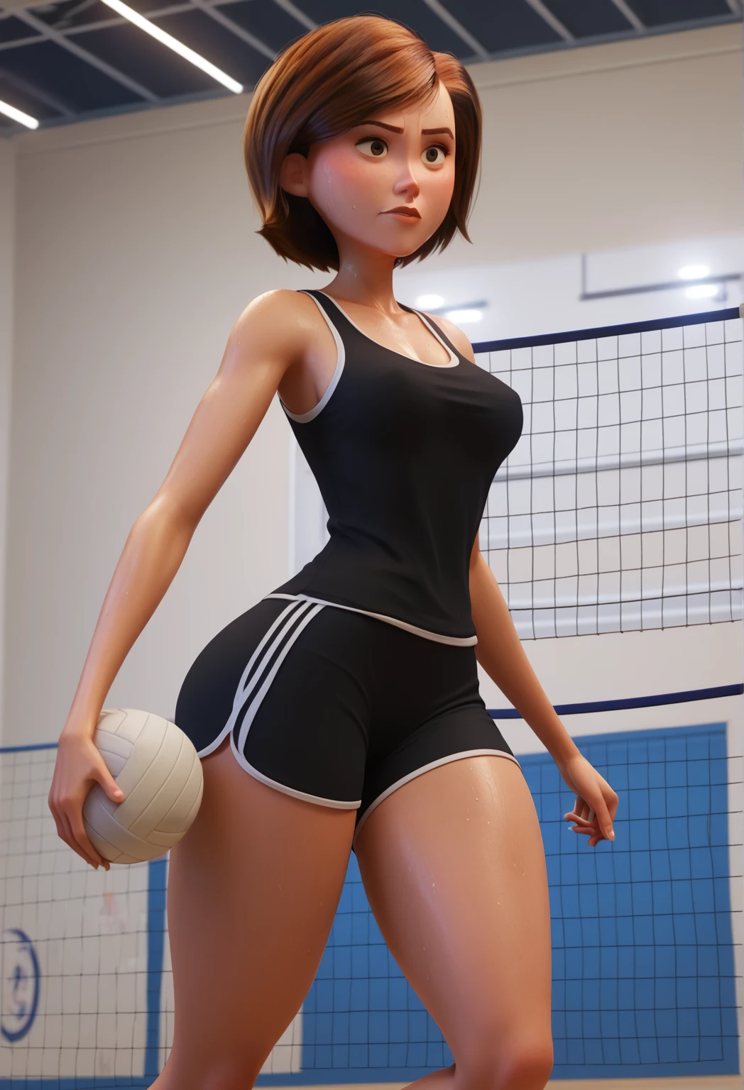 NSFW,(masutepiece, Highest Quality), High resolution, (Realistic: 1.3), Tight Volleyball Uniforms,1girl in,Black short hair,Larger hips,Biting bloomers,Volleyball Receiving Pose,Sweat,(Angle from the butt 1.2),Volleyball Court, Cute Japan mature woman photo