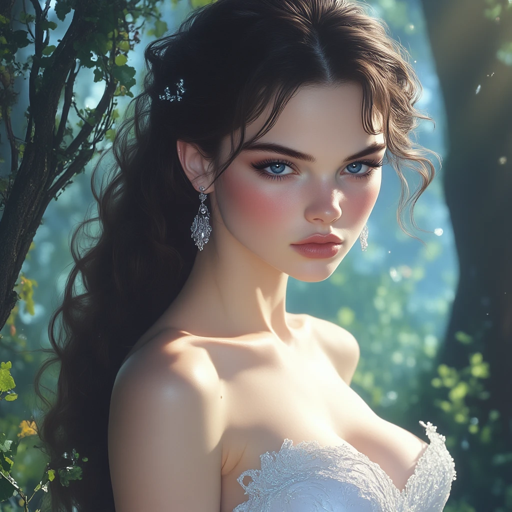 (Photo brute: 1.2), (photoreallistic: 1.6), (Masterpiece: 1.3), (Best quality: 1.4), HI-RES, Hdr, 8k resolution, Check comment, (Intricate details: 1.6), (volumettic light), woods, 1fille retour, debout, Prise de vue du corps entier, (vent: 1.4), (Gros plan:1.6), (beau visage:1.8), (Detailed face:1.6), (detailed bright eyes:1.5), (Cils:1.4), (Souriant:1.3), (lunettes), (Long hair and light blue detailed:1.5), (Grande poitrine:1.5), (white wedding dress:1.6), (huge ass:1.6), (narrow waist:1.5),(cuisse: 1.5), (cul sexy:1.6), (fort, Abdos toniques:1.4), (female and muscular:1.5), (realistic human skin:1.6), (peau grasse:1.6), (detailled eyes), (Detailed facial features), (detailed clothing features), (collier), (collier), (earrings), (Thigh strangler), (Tatouage cosmique), (bracelet), --auto --s2
