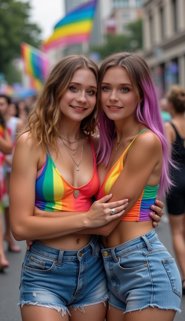 two naked girls holding an LGBT flag in an LGBT parade, dyed hair, smiling, big breasts, hugging