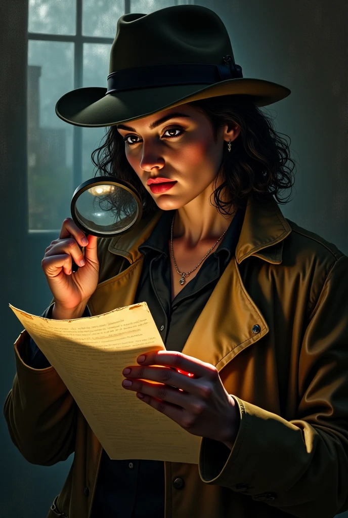 A painting of a female detective, investigating a mysterious case with ...