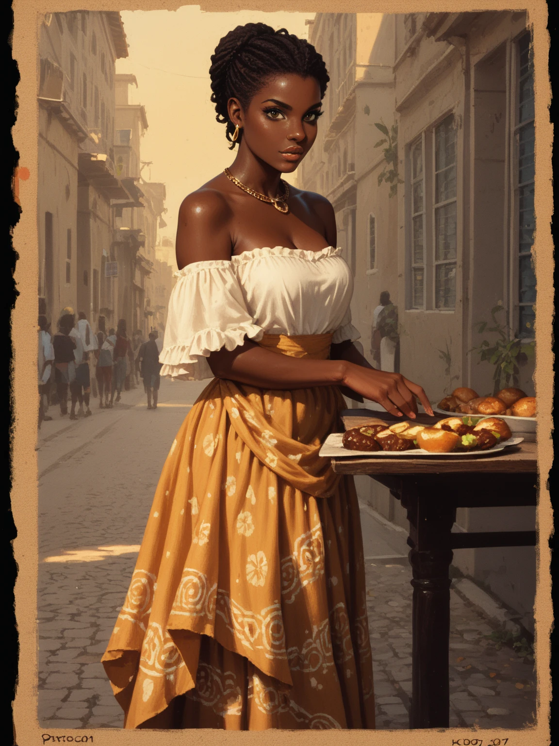 full figure, standing,((thick thighs, wide hips)) black African woman, beautiful African face, black skin, ((dark skin color)), detailed lips, ((thick thighs)), candid portrait, innocent, cuteness, super cuteness, black African woman, black African hair, black skin, ((dark skin color)), ultra detailed, natural lighting, detailed skin, candid pose, candid photo, alone, standing, looking directly at viewer, candid pose, candid photo, innocent, 1800s dressed