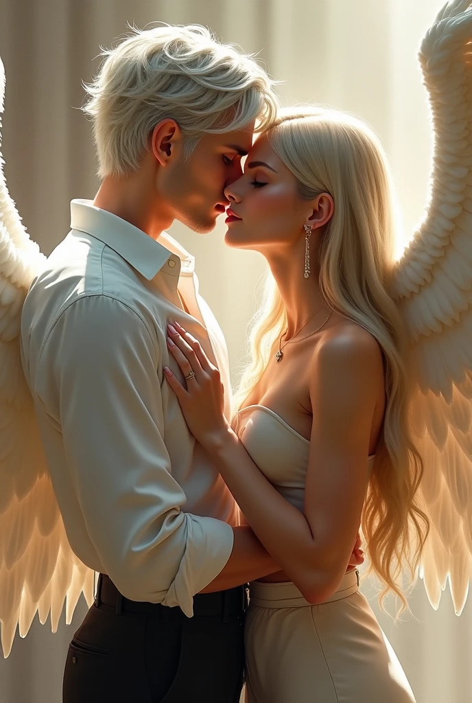 They are embracing each other with wings on their shoulders, Taylor Swift as a heavenly angel, angel protecting woman, angel-themed, angelic, wings of great angel, 2 angels, still from a music video, angel protecting man, to understand hell or go angelic, music video, to understand hell or sound angelic, a still of an ethereal, cinematic lighting, 8k, low light