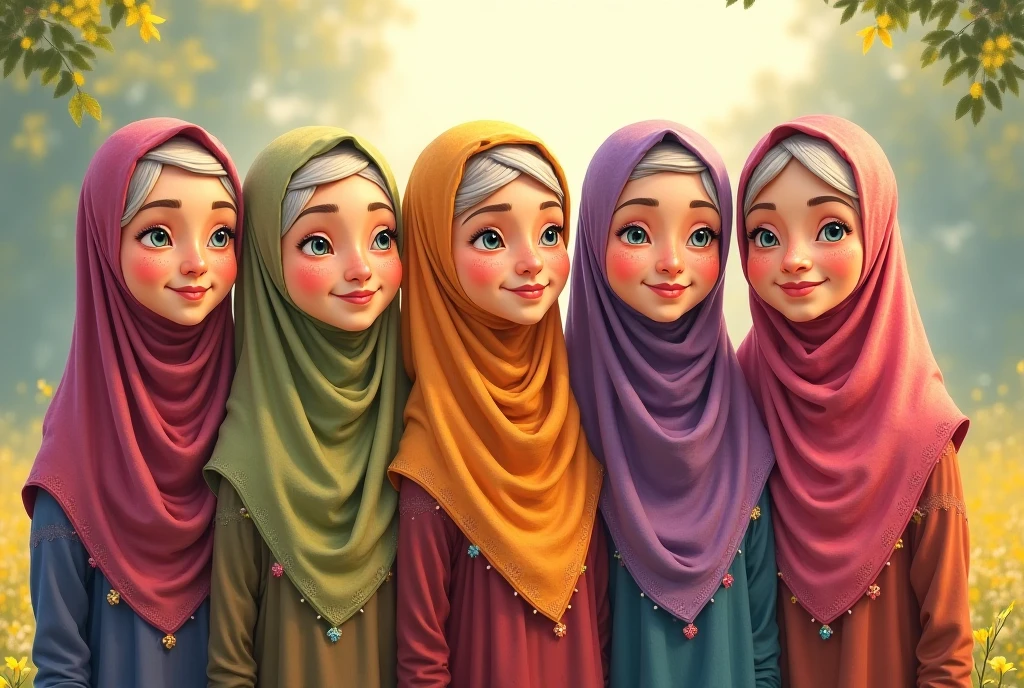 Cartoon women wearing green hijab, green blouse and black palazzo.