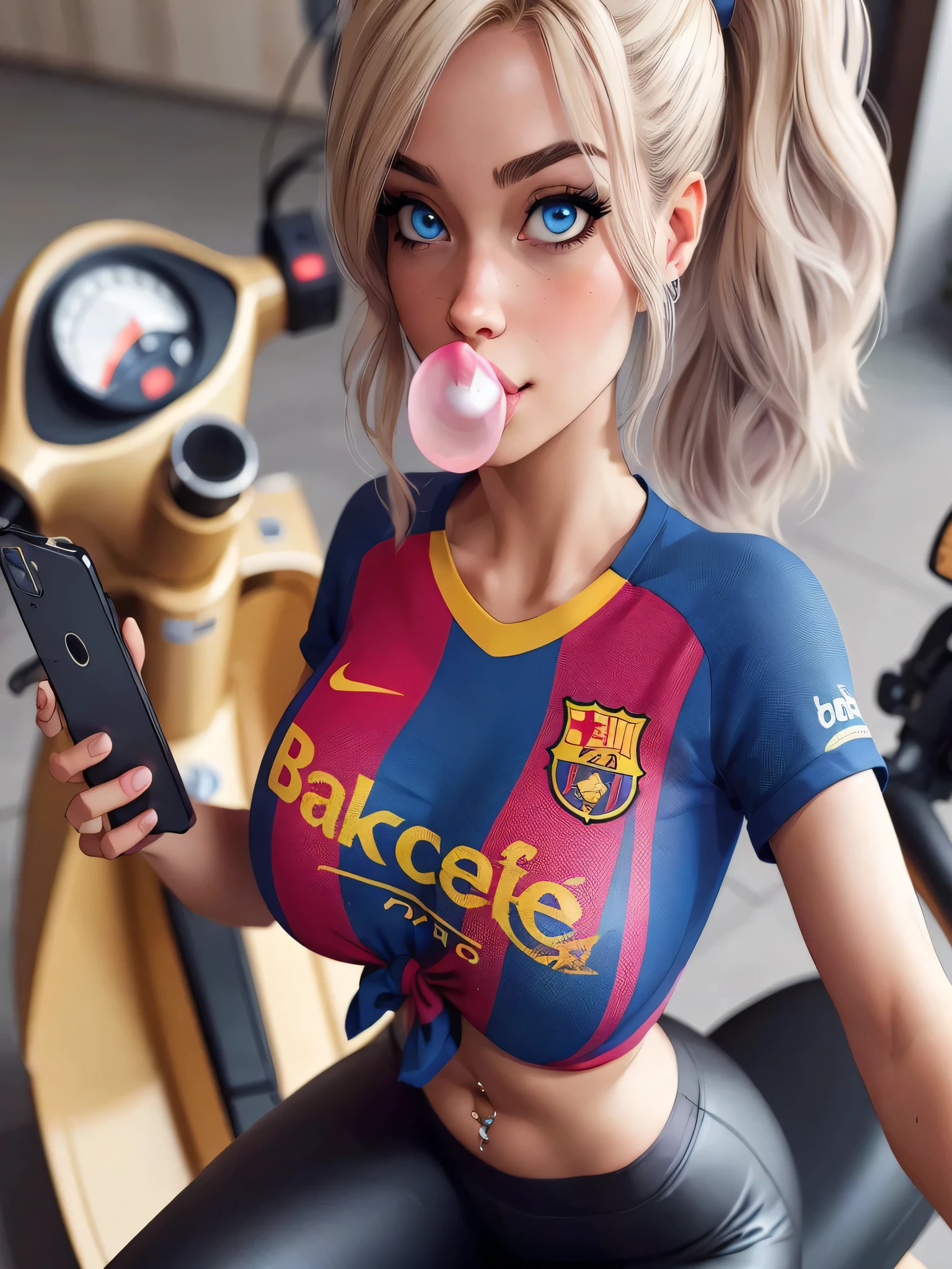 girl with short blonde Pixie hair, blue eyes, juice lips,wearing a Manchester city shirt,shirt tied at the bottom showing the belly,belly button piercing, and black leggings, bust, sitting, full body