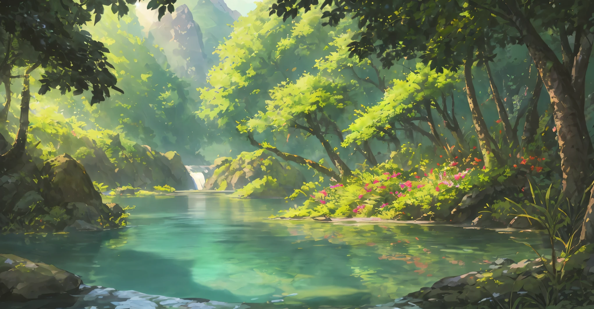 Chinese ancient times, spring, jungle, lake, cave, waterfall, tree, meadow, rock, deer, hot spring, water vapor, (illustration: 1.0), epic composition, realistic lighting, HD details, masterpiece, best quality, (very detailed CG unified 8k wallpaper)Super Detailed, Wide Shot,