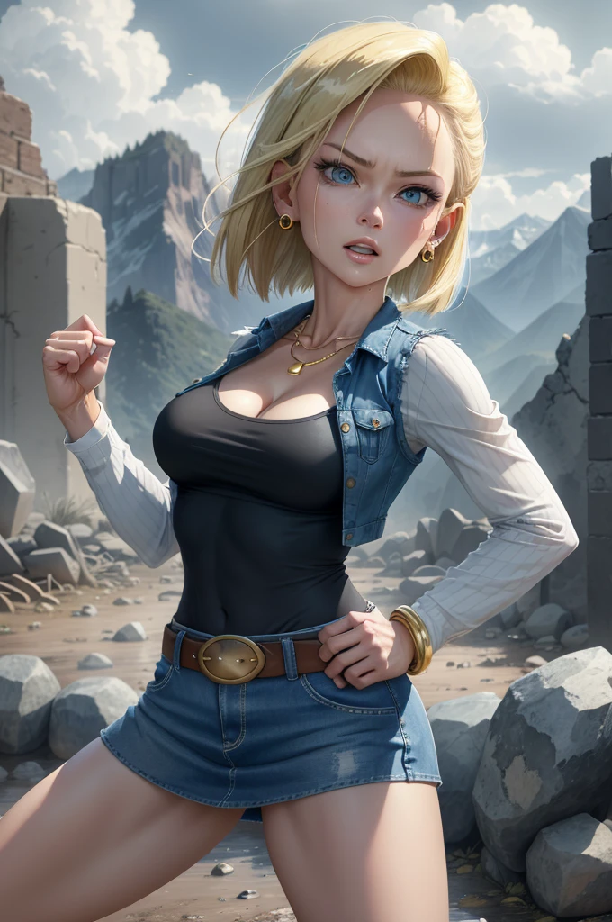 best quality, highres, and18, 1girl, android 18, solo girl, 1girl, blonde hair, blue eyes, pearl necklace, bracelets, black gloves, short hair, short sleeves, earrings, medium breasts, cowboy shot, mountains, straight-on, (weather: raining and windy), wet shirt, sexy smile, combat stance, battle ruins, wide hips, thick legs, torn clothes, closed fists
