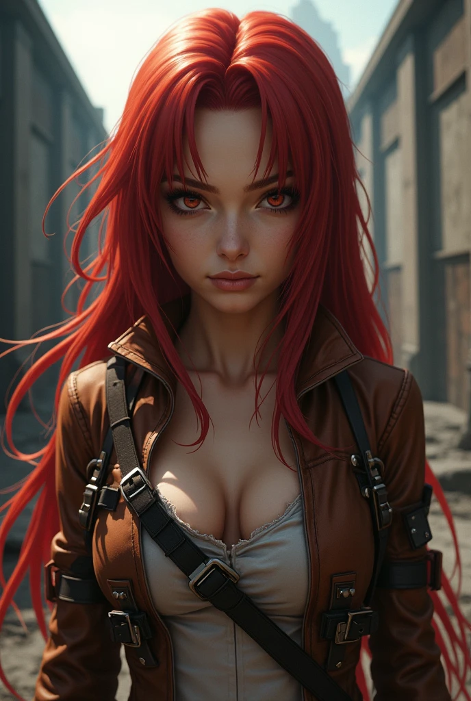 Girl with wavy red hair and rebellious, ((hair slicked back)), (angry eyes), ((dark circles around eyes)), golden eyes and tanned skin, ((ancient roman)) pirate style, (gigantic breasts), background with clouds, realistic manhwa style.