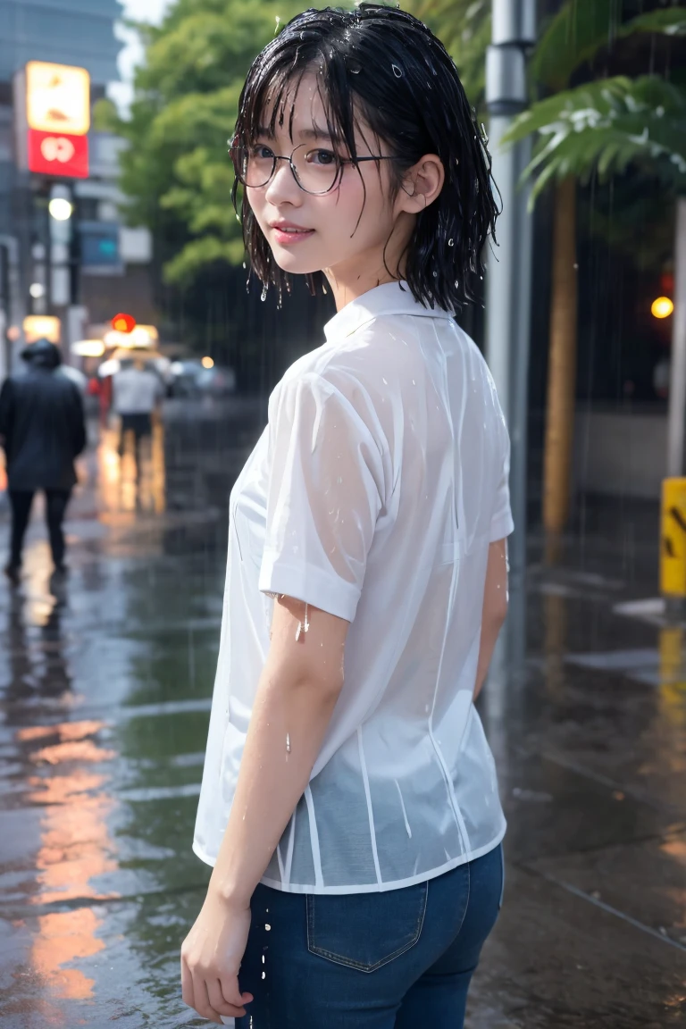 Natural image quality,(looking at the camera),1People Girls,Japanese,20-year-old,Beauty,Are crying,((Crying)) ,tears,Short-sleeved summer clothes,skirt,(Disheveled Hair), ((Wet Hair)), ((Wet body)), ((Wet clothes)), ((Wet Face)), (The whole body is wet from rain), (Rainy city office district)