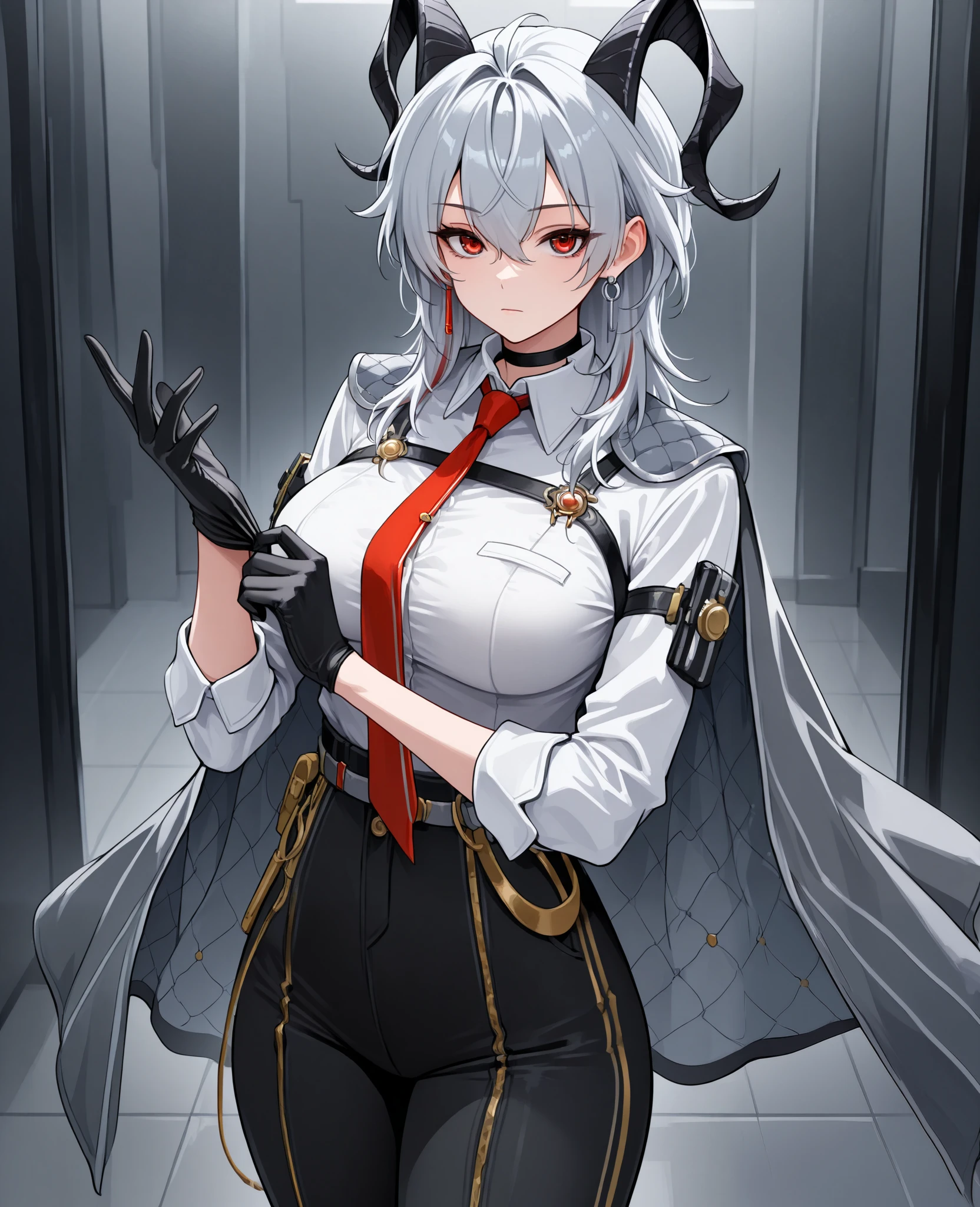 masterpiece, best quality, solo, 1girl, z4ni, expressionless, looking at viewer, standing, adjusting gloves, long hair, multicolored hair, grey hair, hair between eyes, goat horns, demon horns, red eyes, grey coat, coat on shoulders, white shirt, collared shirt, red necktie, long sleeves, black gloves, black pants, earrings, black choker, large breasts, office background, detailed background, photo profil, close up shot