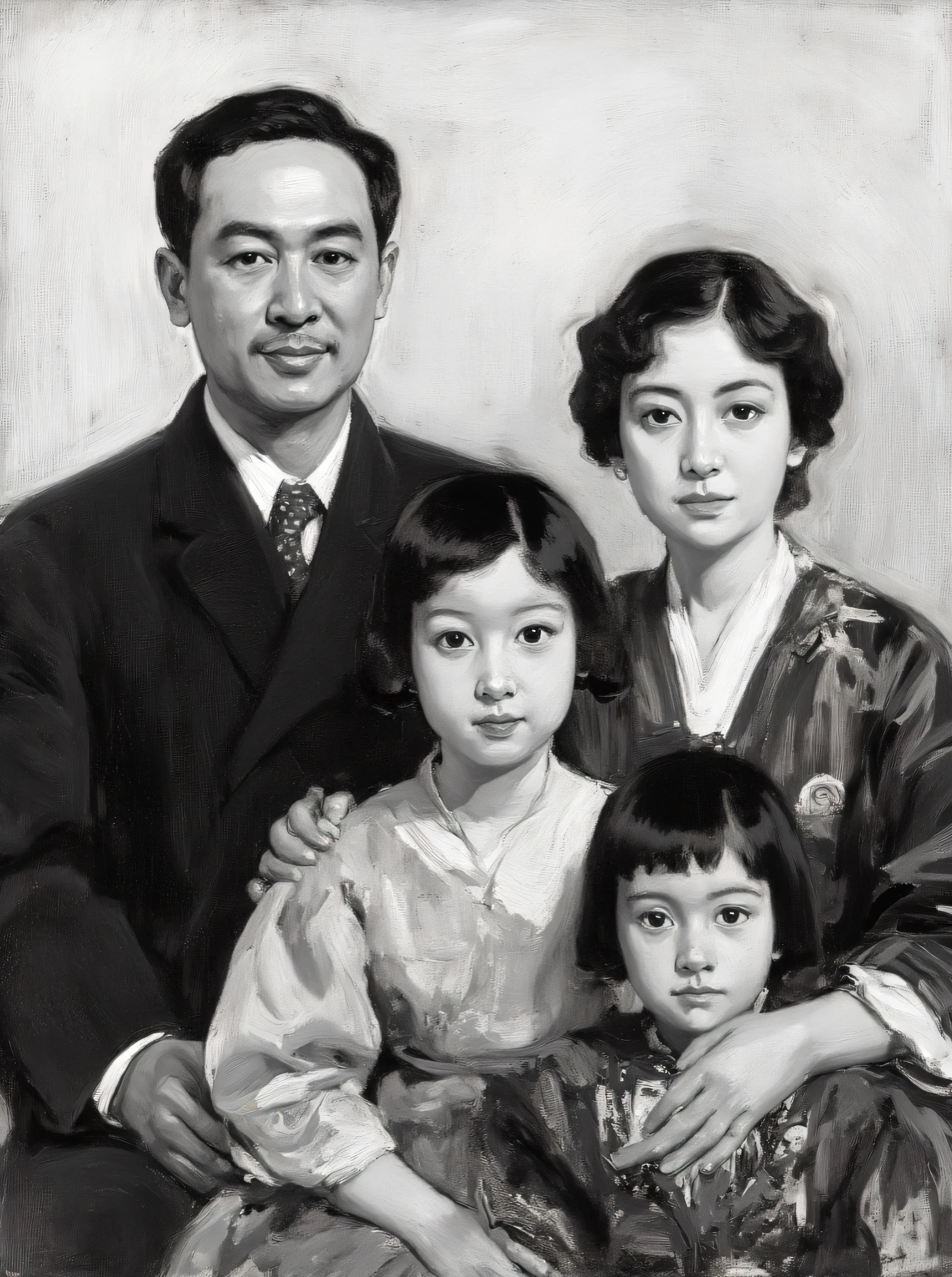 japanese family of adult man, adult wife and a ager daugher close to her younger sister, black and white, oriental, old portrait, detailed facial features, oil painting, big brushes, 4k, deitailedd