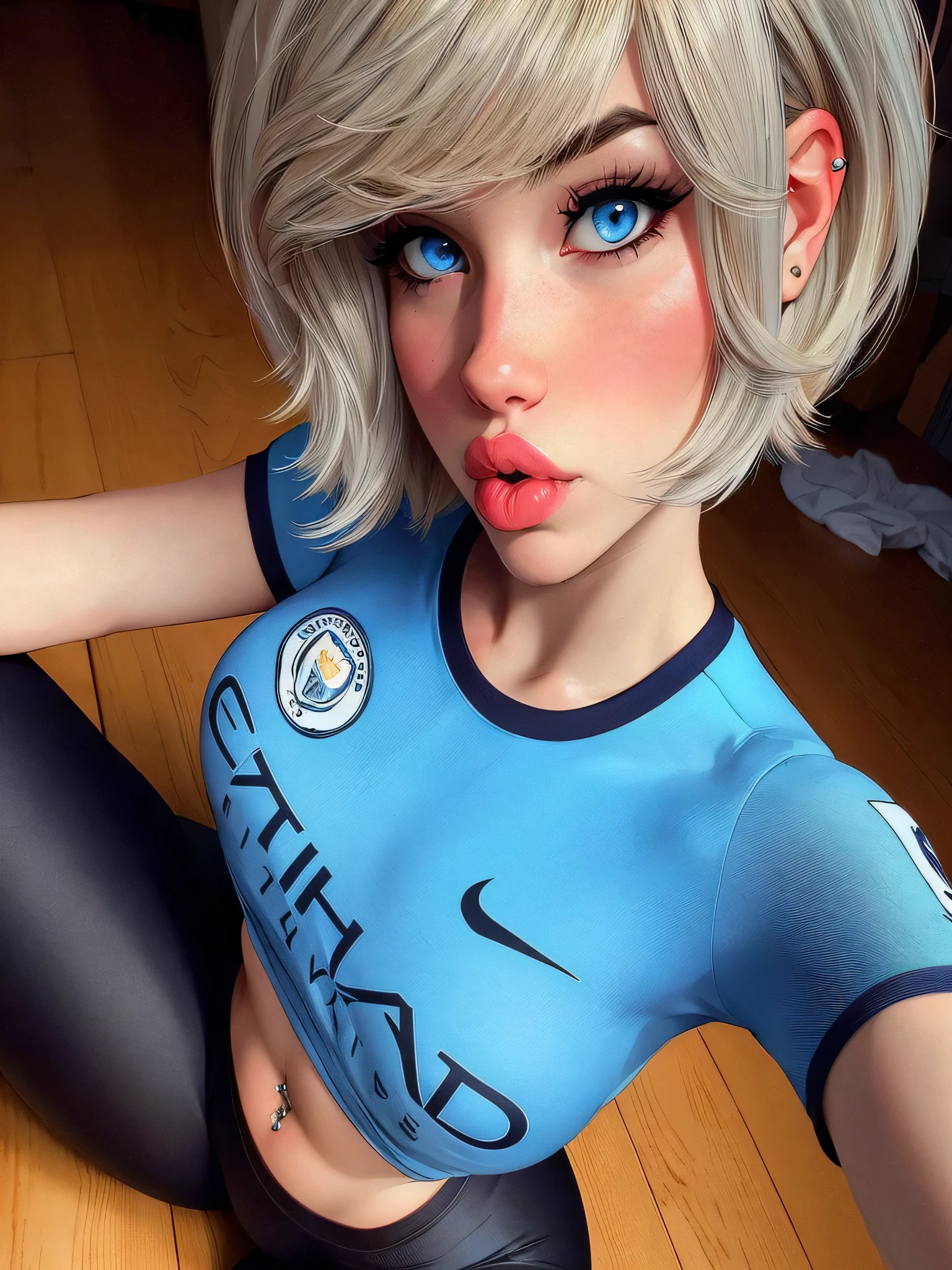 , girl with short blonde Pixie hair, blue eyes, juice lips,wearing a Manchester city shirt,shirt tied at the bottom showing the belly,belly button piercing, and black leggings, bust, sitting, full body, Thick thighs open legs, black leggings