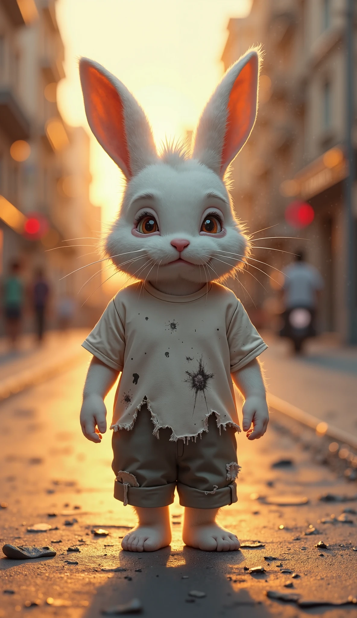 A highly detailed, ultra-realistic 4K digital painting of a small poor white rabbit boy walking alone on a city street, wearing a tattered and  white shirt with visible holes and stains. A  T-shirt torn in many places, The rabbit has a heartbreaking expression, with huge tears streaming down its face, conveying deep sadness and despair. Its posture should be slightly slouched, and its ears tilted downward, emphasizing a sense of sorrow and loneliness. The background should clearly match the reference image, depicting an urban street setting with a warm, golden sunset casting long clears. The depth of field should be slightly blurred to create a realistic focus on the rabbit while maintaining the integrity of the environment. Fine details in the rabbit’s fur, the texture of its damaged shirt, the realistic flow of its tears, and the lighting reflections on the pavement are crucial to achieving a photorealistic effect. The scene should evoke strong emotions and tell a touching, melancholic story. chin willbe v shaved.