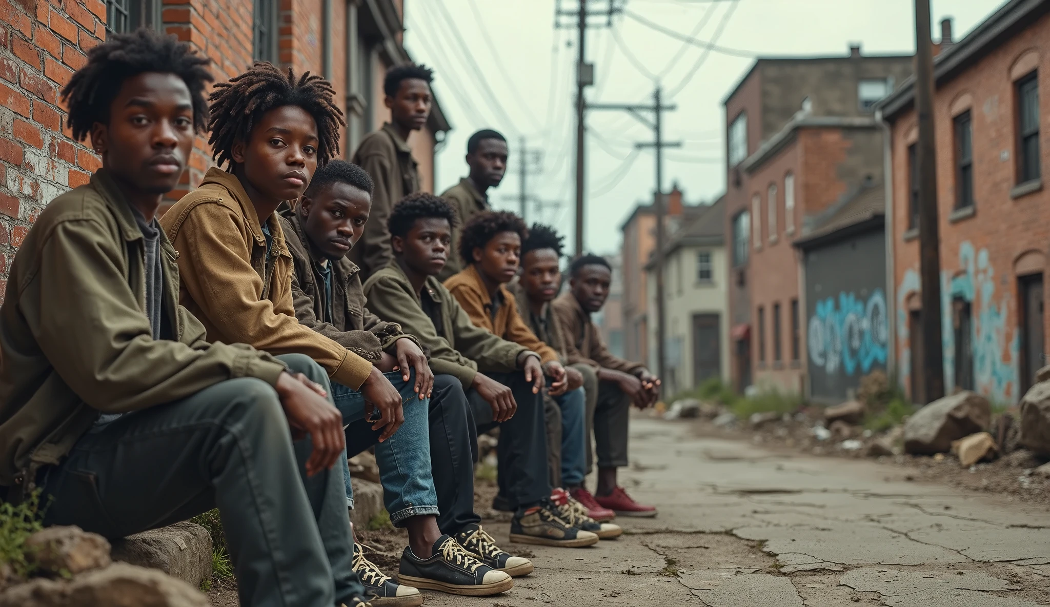 A hyper-realistic 4K scene of a group of young Black people gathered in a poor, urban neighborhood. They stand near worn-down brick buildings with peeling paint, graffiti on the walls, and scattered trash on the cracked pavement. Their expressions are a mix of seriousness and quiet resilience, some leaning against a wall, others sitting on old, broken steps. The lighting is natural, with soft sunlight filtering through overcast clouds, casting gentle shadows. Details like faded clothing, worn sneakers, and subtle facial features—like tired eyes and calm, thoughtful gazes—are captured with precise realism. Dust lingers in the air, and the background shows electrical wires, rusted fences, and distant, abandoned structures, creating a melancholic, cinematic atmosphere with ultra-sharp focus and dramatic composition..Parameters: --with 9:16 --style raw --stylize 700 --v 6.1,Hyper-Realistic,high definition,4K.
