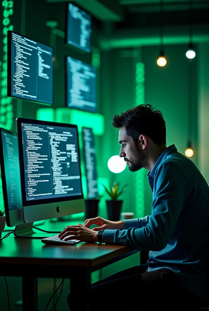 A web developer working intensively on his computer, surrounded by floating screens showing modern website codes and layouts. The background has a neon green cyberpunk effect, with digital circuits and programming lines shining around. His hands type quickly while wireframes and website mockups appear projected in the air, representing the creation of incredible and responsive interfaces