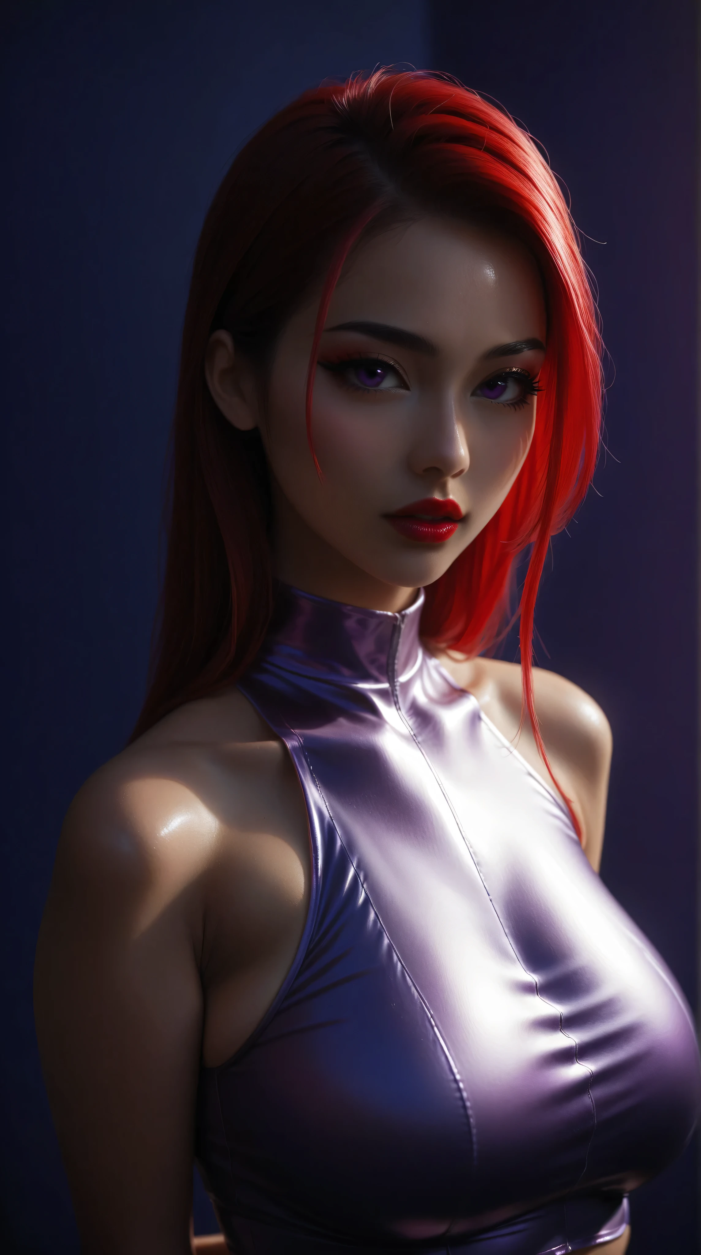 A beautiful asian girl with red hair, big purple eyes, red lips, huge breasts, and very pronounced cleavage stands facing viewer, kpop superstar, (ulzzang), manga, anime, no background, purple background, blue background, edgy graphic design background, shiny skin, revealing purple metallic top, arms behind back, upper body, portrait,