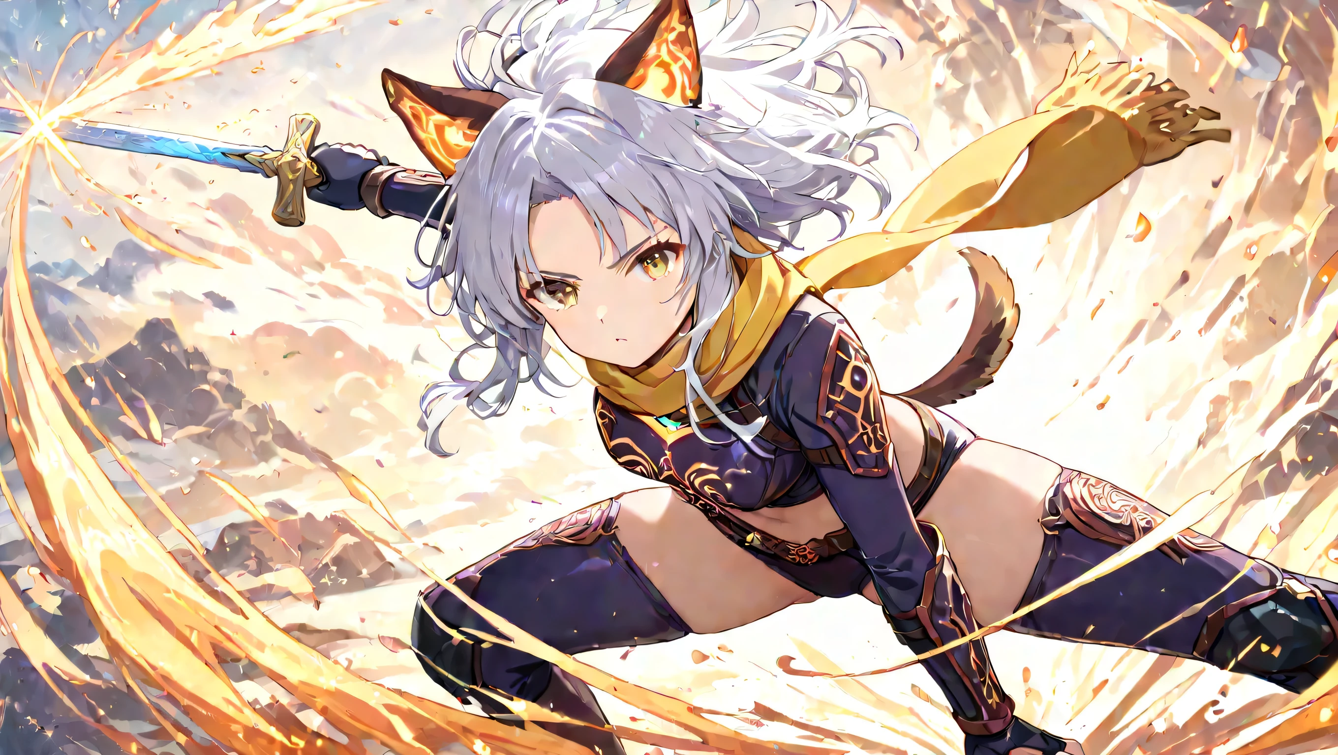 A warrior dog-eared girl with short, spiky white hair and bright yellow eyes filled with determination. Her dog ears are perked up, and her tail sways with confidence. She wears a leather armor set with intricate engravings, paired with a yellow scarf flowing in the wind. Her hands hold dual sword glowing faintly with magical runes.
The sky is painted in shades of orange and purple, and embers float through the air. Her stance is dynamic, ready for action, and her expression is fierce, embodying a skilled and courageous fighter.