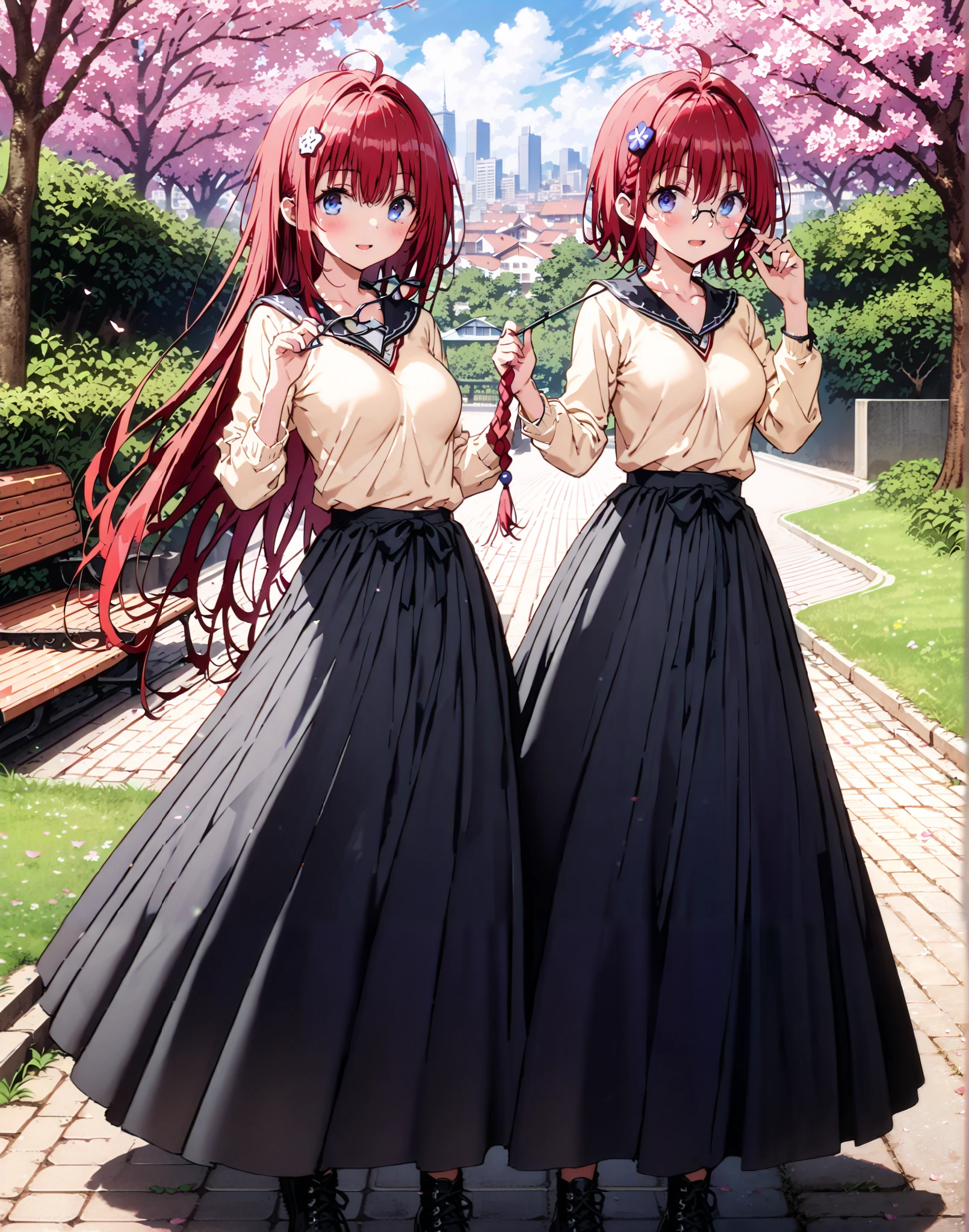 score_9, score_8_up, score_7_up, source_anime, Kurosaki's thing , stupid hair, Blue Eyes, knitting glasses, hair intake, HAIR ACCESSORY, long hair, red hair, hair knitting glasses, smile,blush,open your mouth,Medium breast, oversized v neck sweater long sleeve,long skirt, Bbo~, bench,Beautiful cityscape,cherry blossoms,standing,full bodyがイラストに入るように,
break outdoors,garden,
break looking at viewer,full body,
break (masterpiece:1.2),Best Quality , kampala, Unity 8K Wallpaper ,(shape:0.8),( fine, beautiful eyes :1.6),It's a person ,full body写真,CG Details , (perfect hands, complete anatomy),