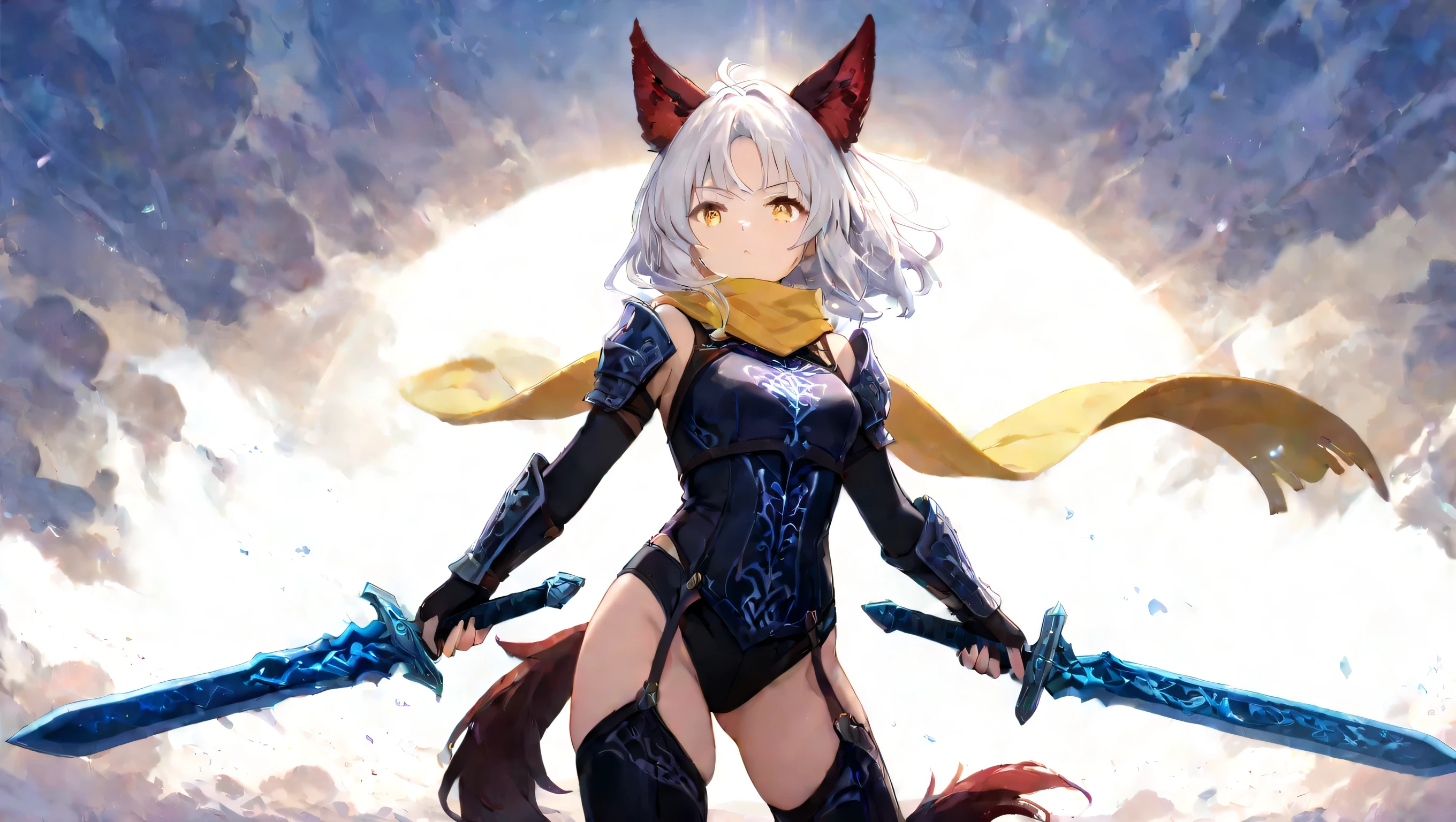 A warrior dog-eared girl with short, spiky white hair and bright yellow eyes filled with determination. Her dog ears are perked up, and her tail sways with confidence. She wears a leather armor set with intricate engravings, paired with a yellow scarf flowing in the wind. Her hands hold dual sword glowing faintly with magical runes.
She stand at dessert, fighting big dragon.
