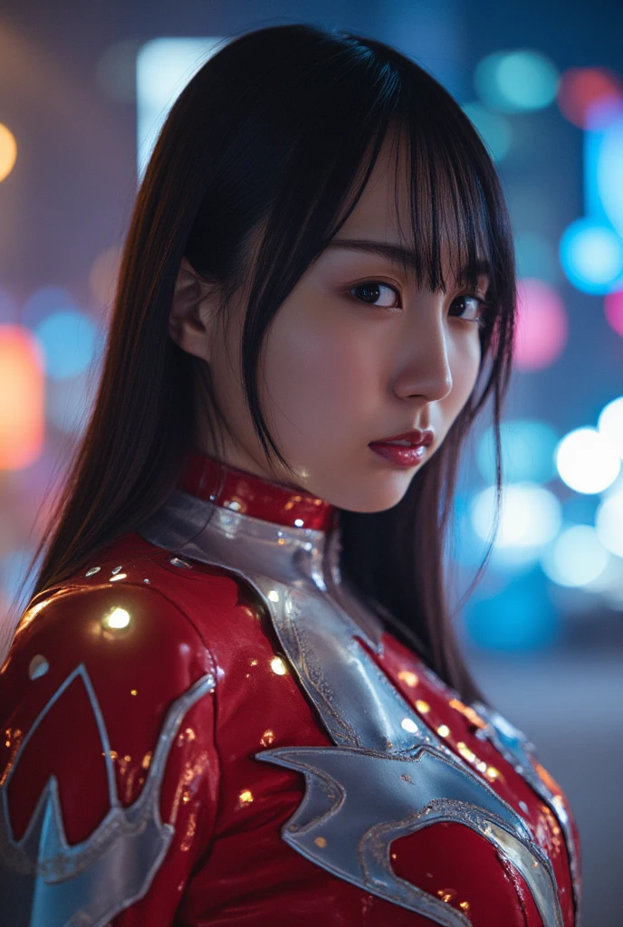 Ultraman、realistic、realistic、cinematic lighting, Girl in a shiny red and silver suit、、professional photos、Don'Do not expose your skin, japanese model, japanese cgi、Ultraman Suit、, Power Rangers Suit、tight and thin cyber suit,Whole body rubbery、There's pink There、 delicate body, big breasts、small ass、thin thighs、thin arms、thin waist、camel toe、Both sides of the cyber suit stick to the skin、Big eyes、black short hair、facing the front、facing the front立っている、A glowing sphere is embedded in the chest.、Essay Examination、 blue sky background