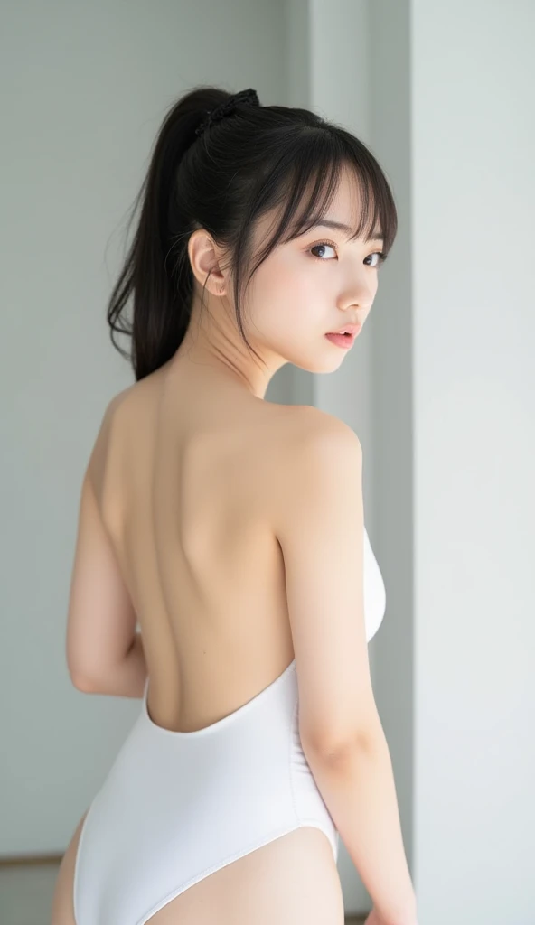 Showing her and genitals to us. a pose that shows the buttocks to this side and thrusts upwards in an inviting manner、Slender legs,bare back,from behind,Back to camera,upright back view,right hand high above head,(Completely facing away from the viewer:1.3),Below a well-illuminated ,8K, (Hyper-reality: 1.35), (Realistic: 1.4), 1 beautiful Korean girl, smiling, solo. Light make-up, masterpiece, top quality, high quality, solo, no panties, no bra, latin, puberty, ass facing camera, face looking back at camera, exaggerated thighs, obscene, almost visible, bed, heavy breathing, facial expression, spread legs, solo: 1.5), (japanaese girl:1.5), (japanaese girl:1.5) (japanaese girl:1.5), (japanaese girl:1.5), close-up, must-piece, top quality, full anatomy, raw photo, photorealism, face, incredibly attractive, beautiful girl, cute, short long hair, depth of field, high definition, extra fine Sharp Eyes, Realistic Eyes, Sharp Focus, Cinematic Lighting, Flat Breasts, Small Breasts, Small, (Small Bust: 1. 2), Small Bust, (Slim, Small, Flat, Small), Slender, Delicate Sexy Collarbone, Slender, Mast Piece, Soft Light, On White Bed, No Seams Nudity! Hairless genitalia, pie pan, natural light room, lying on bed, crotch open, cute shy look on her face. Her shy expression, makeup close to her bare face, same skin tone on her body and face, unadorned natural coloring, and devilish charm attract the viewer.