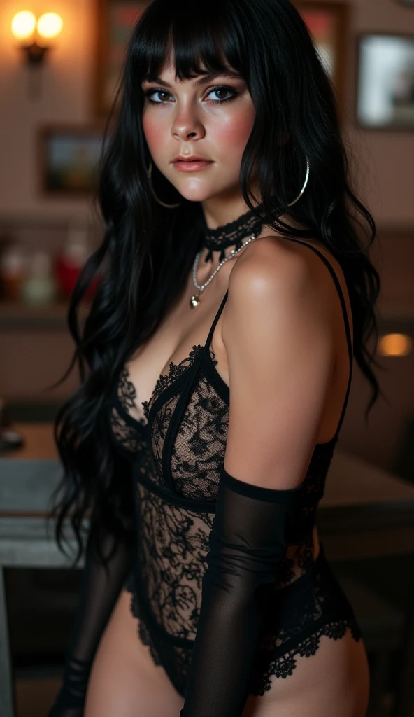 (best quality, hyperdetailed photography:1.2), beautiful american lady, ((dark black lipstick)), freckles, gothic makeup, green eyes, soft light, cuvy figure, cover, (detailed beautiful face, detail skin texture, ultra-detailed body:1.1) sexy vampire women, full body photography (sitting with open legs), with black elegant and sexy dress