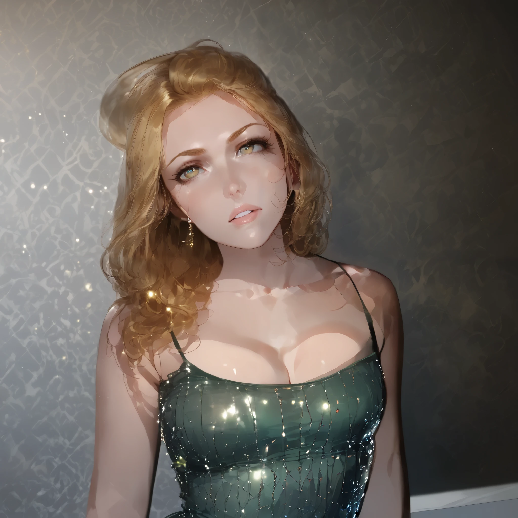 Semi-realistic anime illustration of a girl with golden blonde hair in voluminous waves, slightly darker roots. Big hazel eyes with blurred lilac shadows, thick, arched eyelashes, defined eyebrows and full lips with dark gloss. Confident expression with a slight flirty pot.
Wear a thin tight dark green dress with black straps, inlaid with rectangular and square rhinestones and sequins that reflect light with soft sparkles. Her skin is clear and luminous, highlighted by cinematographic lighting.
Background with an elegant modern room, gray wall with fabric texture and dim lighting. A Samsung S25 Ultra style 100x magnifying glass effect highlights the details of the shiny stones in the dress, with a slight distortion at the edges of the zoom.
Semi-realistic anime style with cel-shading shading, Bright reflections, realistic screen textures, cinematic depth of field, Dynamic Focus .
