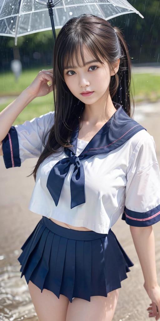 (masterpiece, highest quality:1.2), 8k, official art, RAW photo, incredibly absurd, ( sailor suit, serafuku:1.4), amazing beautiful girl, amazingly cute face, (navy pleated skirt:1.1), close, school uniform, short sleeve, gardenia, violaces, , street, looking at the viewer with a smile, no makeup, film grain, chromatic aberration, sharp focus, face light, dynamic lighting, cinematic lighting, detailed eyes and face,short hair、(((white skin without moles)))、 background bokeh、super slim thighs、((Erotic Panties are showing through、beautiful pussy line))、(High twin tails with ribbons:1.4),,((((A very young looking girl:1.3))))、(very young  with big breasts:1.2)