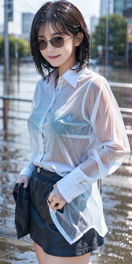 Natural image quality,Standing facing forward, (((looking at the camera))),1People Girls,Japanese,20-year-old,Beauty,tears,Sad expression, Wet short-sleeved summer clothes,Wet fabric skirt,(Disheveled Hair), ((Wet Hair)), ((Wet body)), ((Wet clothes)), ((Wet Face)), (The whole body is wet from rain), (Rainy city office district)