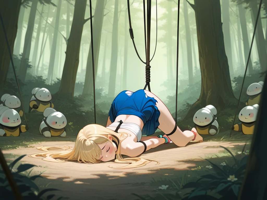 Shiny blond hair, very long hair, sophisticated haircut, ((((hair fully braided)))), ((small twisted braids)), thin and oval face, submissive, (((ball-gagged:1.4))), ((((tight latex crop top)))), cute and blushing 18 years old anime girl, look away because she is embarrassed and blushes, bright blue eyes, detailed face, detailed members, detailed arms, detailed hands, ((((sparkling diamond jewelry)))), tiara, ((makeup)), high heels, puffy sleeves, long gloves, long eyelashes, tied by ropes, shackled, can no longer move, tied tightly, very hard tied up with lots of ropes, hampered by so many ropes that she can no longer move, bound hands and feet, ropes tie his whole body, tied extremely tightly and forcefully by a lot of ropes, its limbs are strongly tied together by ropes, his torso is tied up with thick cords, her chest is so tied up with ropes that it sticks out, her legs are tied tightly with thick ropes, she can no longer move her feet, her hands which are tied by thick ropes, she desperately tries to free herself, likes to be tied tight with big ropes, likes to be immobilized by big ropes, his hands and feet are strongly tied, his legs are pressed together and tied with ropes, its limbs are held vigorously by imposing ropes, her chest is compressed by strong ropes, she is restrained by large ropes (shibari:1.4), (masterpiece, best quality) 1.5, 1girl, solo, (sexy, beautiful woman, perfect face, perfect eyes, perfect hands), samus aran, (shibari:1.4), Spread the legs, s' ((lie by big ropes)), ((close up of the girl)), ((((hogtied:1.4)))), ((((girl lying on her stomach, hands tied behind her back, feet tied in the air, her feet and hands are connected by a rope:1.4))))