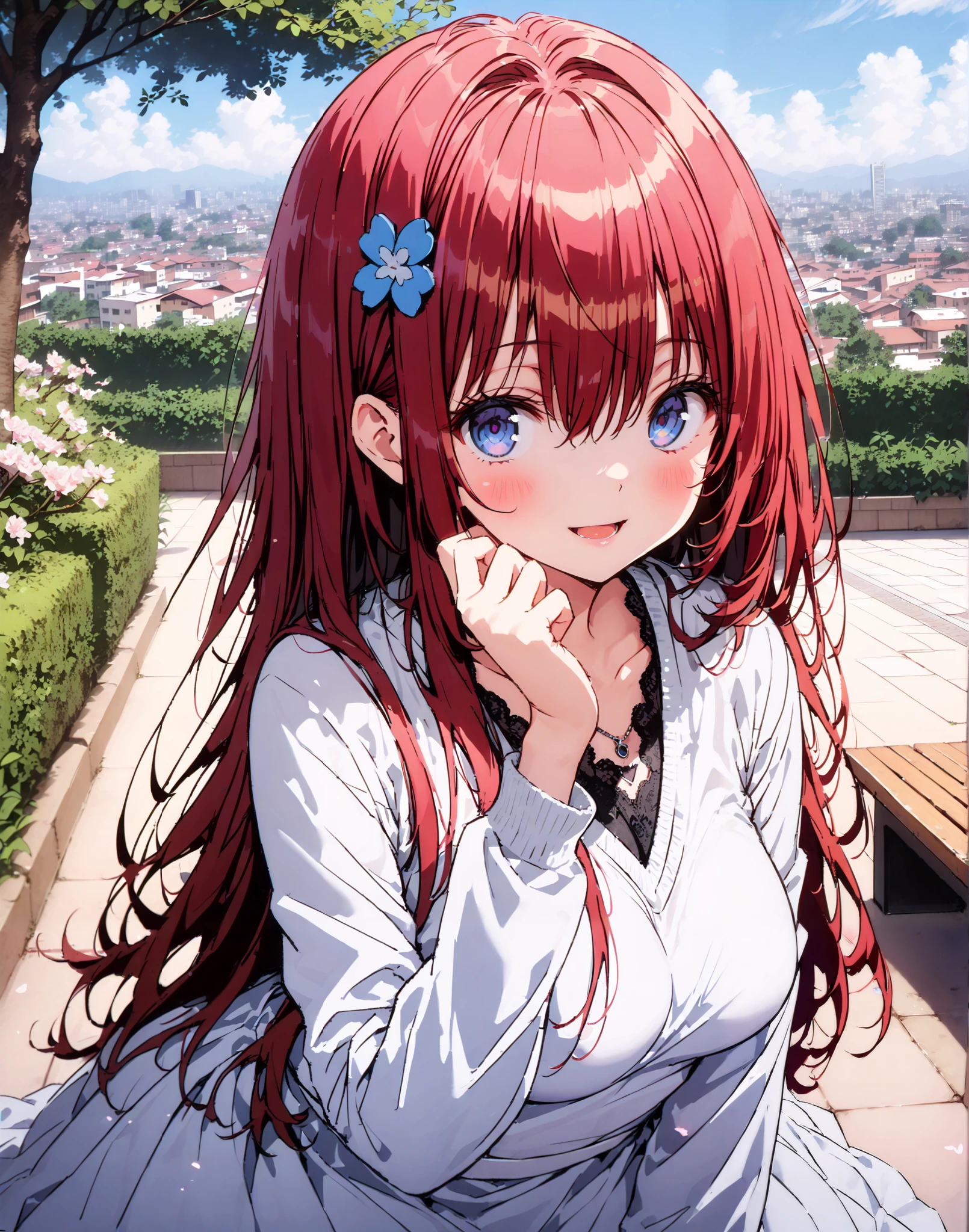  score_9,  score_8_up,  score_7_up,  source_anime, Kurosaki's thing , Alone,stupid hair, Blue Eyes, knitting glasses, hair intake, HAIR ACCESSORY, long hair, red hair, hair knitting glasses, smile,blush,open your mouth,Medium breast, oversized v neck sweater long sleeve,long skirt, Bbo~, bench,Beautiful cityscape,cherry blossoms,standing,full bodyがイラストに入るように,                               
 break outdoors,garden,
break looking at viewer,full body,
break (masterpiece:1.2),Best Quality , kampala, Unity 8K Wallpaper ,(shape:0.8),(  fine, beautiful eyes  :1.6),It's a person ,full body写真,CG Details , (perfect hands, complete anatomy),