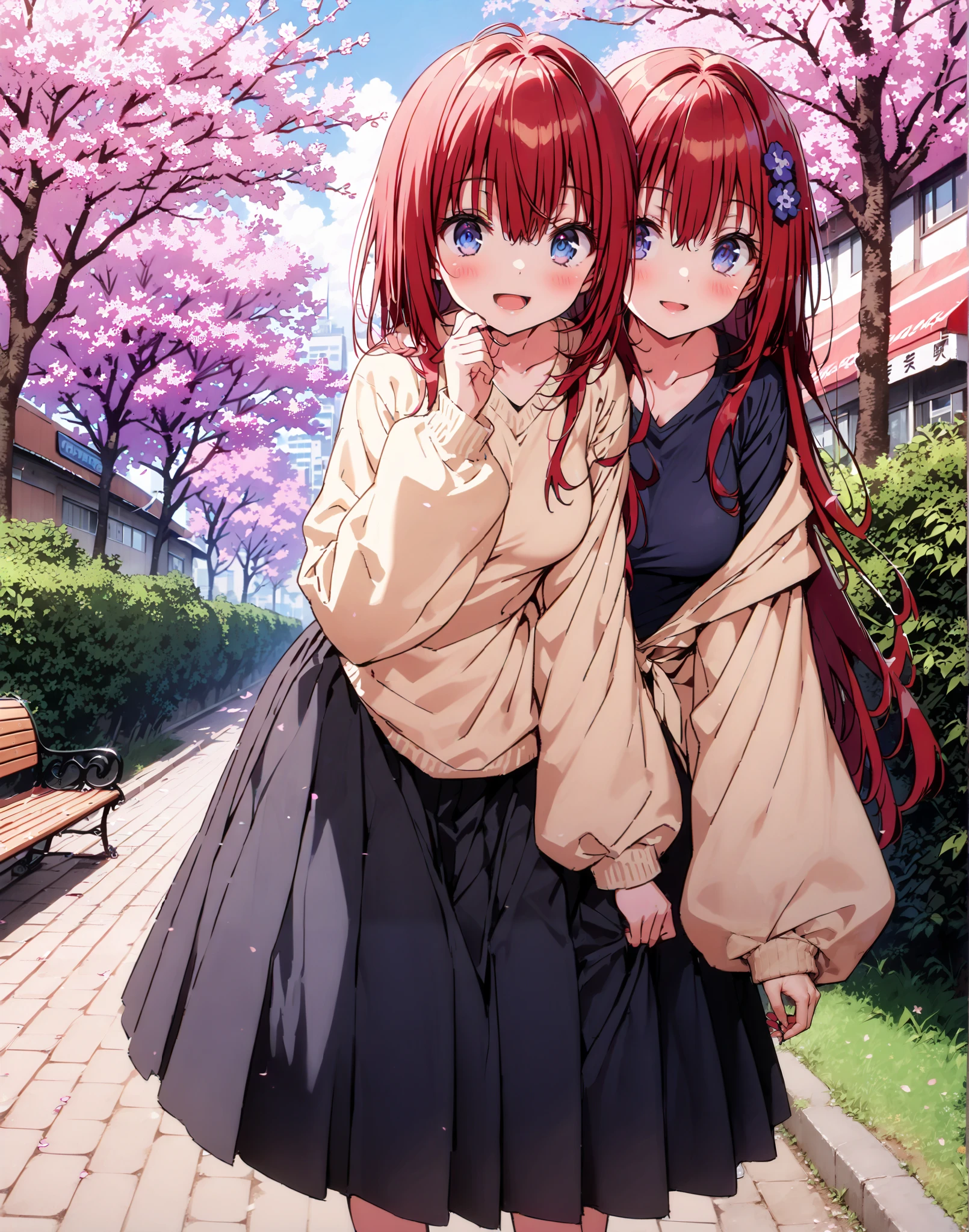  score_9,  score_8_up,  score_7_up,  source_anime, Kurosaki's thing , Alone,stupid hair, Blue Eyes, knitting glasses, hair intake, HAIR ACCESSORY, long hair, red hair, hair knitting glasses, smile,blush,open your mouth,Medium breast, oversized v neck sweater long sleeve,long skirt, Bbo~, bench,Beautiful cityscape,cherry blossoms,standing,full bodyがイラストに入るように,                               
 break outdoors,garden,
break looking at viewer,full body,
break (masterpiece:1.2),Best Quality , kampala, Unity 8K Wallpaper ,(shape:0.8),(  fine, beautiful eyes  :1.6),It's a person ,full body写真,CG Details , (perfect hands, complete anatomy),