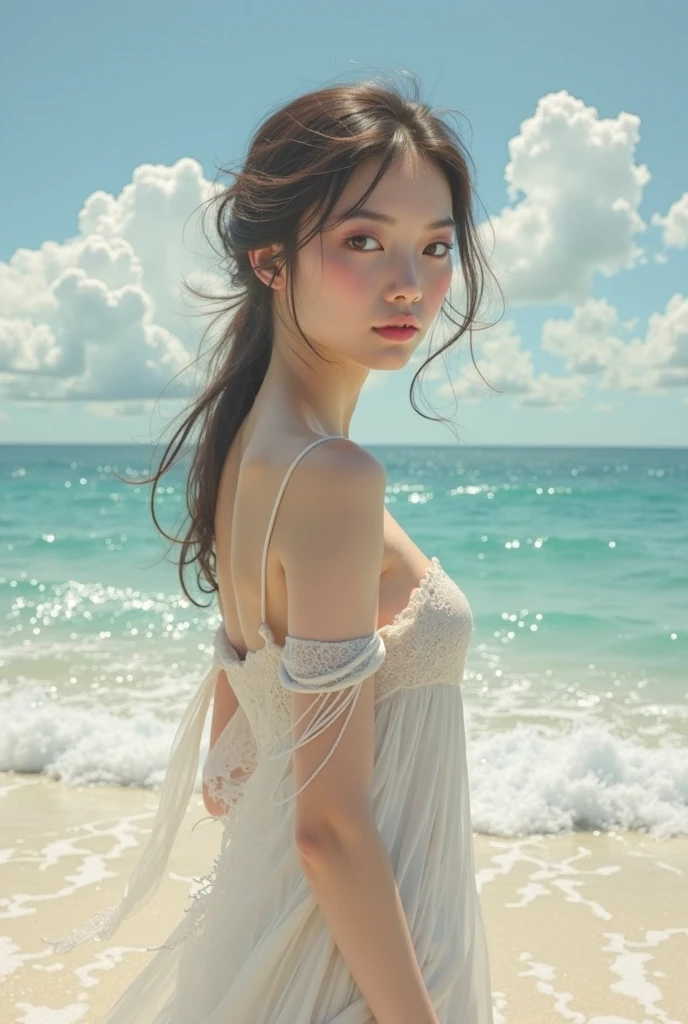 The beautiful girl in the dream, the plain white dress with the straw hat she wore, her innocent and beautiful face, her eyes shining brown, and her brown hair flowing in the wind, Holding a Lily flower.