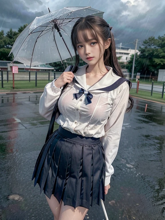 最high quality、high quality、best image quality、8k、最High resolution、High resolution、最high quality、masterpiece、RAW photo、whole body写真、Realistic human body in every detail、Realistic skin in every detail、Realistic face in every detail、Realistic eyes down to the details、Realistic lips in every detail、Realistic teeth in every detail、Realistic ears down to the last detail、Realistic hair down to the last detail、Realistic arms down to the last detail、Realistic reproduction of every detail、Realistic fingers in every detail、(fine hands、thumb1reference4)、Realistic feet in every detail、Realistic feet in every detail、Realistic breasts down to the last detail、Realistic areola in every detail、Realistic nipples down to the last detail、((beautiful japanese girl))、(japanese model), (japanese woman)、((18 year old beautiful girl))、(black hair)、(straight hair)、(ponytail)、((whole body))、((beautiful upturned chest))、(Slim and slender、Stylish slim body shape)、(whole body光沢肌、Fair skin)、Detailed and realistic human body、detailed realistic skin、detailed realistic face、detailed realistic arms、detailed realistic fingers、Detailed realistic feet、detailed realistic breasts、((dark cold stormy weather))、((pouring rain))、((heavy rain))、((school playground))、sailor suit、sailor skirt、Junior School、high school student、japanese school uniform、((pouring rainの中(A girl standing in the center of the schoolyard))、((It gets wet and see-through(クロップトップsailor suit、ミニsailor skirt))、((Performance(sorrow、dark、lament、Watery eye))、((pouring rainを浴びて(Soaked skin from head to toe))、((rainwater dripping from the skin))、((Wet and adhere tightly to the skin(クロップトップsailor suit、ミニsailor skirt))、((Rainwater dripping from uniform))、濡れたsailor suitから胸の形がはっきりとわかる、angle from below