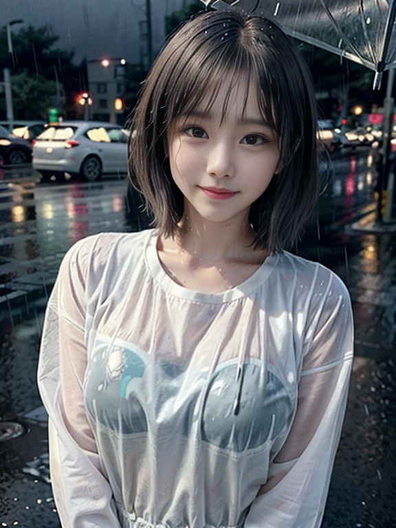(((Best Quality, 8K, Masterpiece:1.3)), Focus: 1.2, Perfect Body Beauty: 1.4, Buttocks: 1.2, ((Layered Haircut, Breasts: 1.2)), (Wet Clothes: 1.1) , (Rain, Street:1.3), Bandeau Dress: 1.1, Highly Detailed Face and Skin Texture, Delicate Eyes, Double Eyelids, Whitened Skin, Short Hair, Bokeh, SFW, Safe For Work)