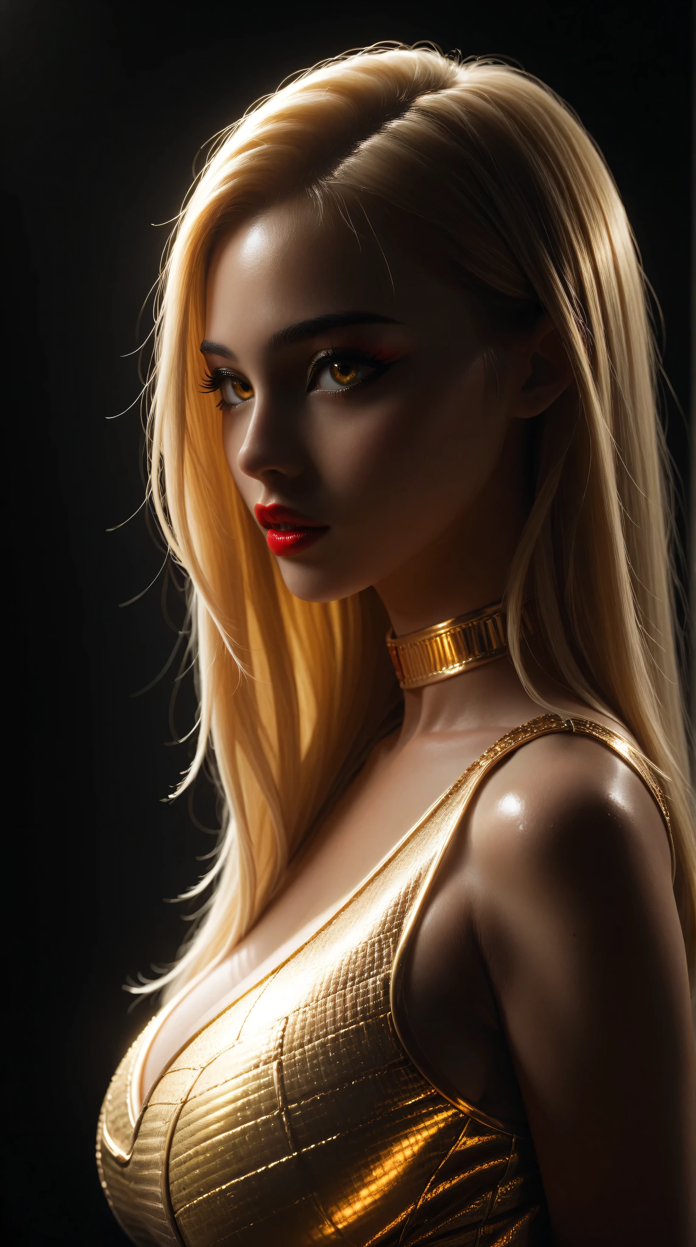 A beautiful asian girl with blonde hair, big gold eyes, red lips, huge breasts, and very pronounced cleavage stands facing viewer, kpop superstar, (ulzzang), manga, anime, no background, gold background, black background, edgy graphic design background, shiny skin, revealing gold metallic top, arms behind back, upper body, portrait,