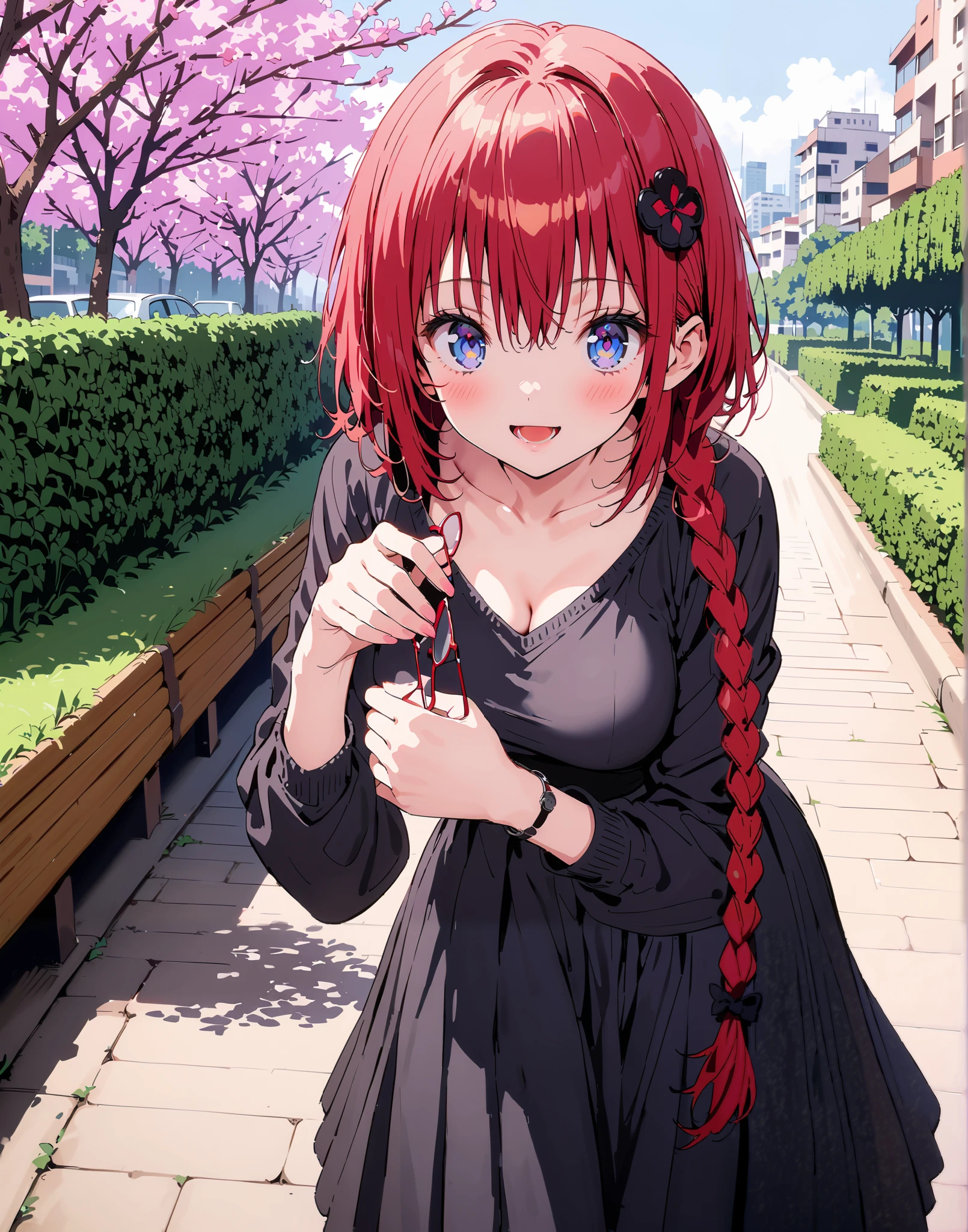 Kurosaki's thing , Alone,stupid hair, Blue Eyes, knitting glasses, hair intake, sngle braid,HAIR ACCESSORY, long hair, red hair, hair knitting glasses, smile,blush,open your mouth,Medium breast, oversized v neck sweater long sleeve,long skirt, Bbo~, bench,Beautiful cityscape,cherry blossoms,standing,full bodyがイラストに入るように,                               
 break outdoors,garden,
break looking at viewer,full body,
break (masterpiece:1.2),Best Quality , kampala, Unity 8K Wallpaper ,(shape:0.8),(  fine, beautiful eyes  :1.6),It's a person ,full body写真,CG Details , (perfect hands, complete anatomy),